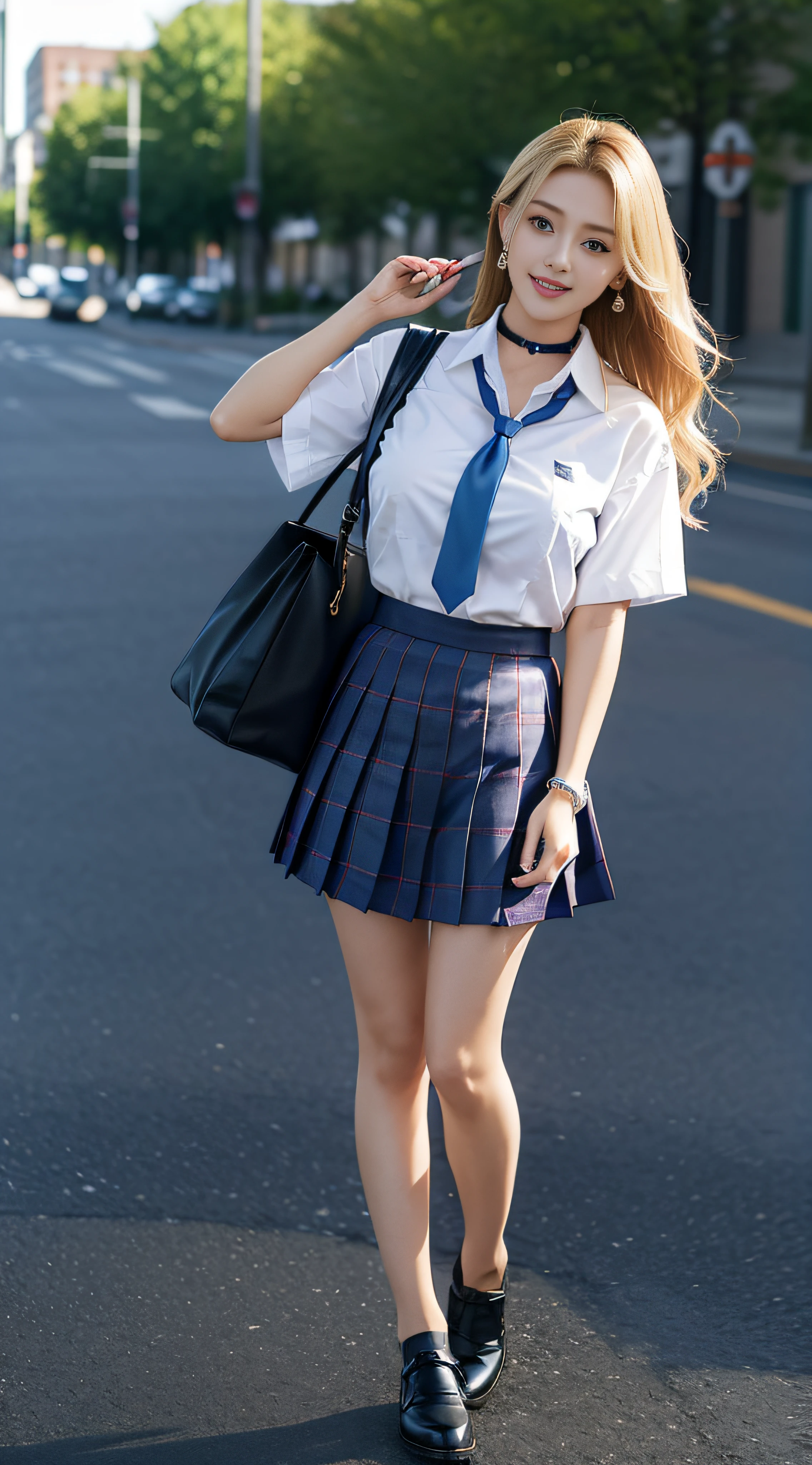 (((masutepiece, full body seen,Full body portrait))),marinkitagawa, 1girl in, Long hair, Looking at Viewer, blush, Smile, Open mouth, Skirt, Blonde hair, Large breasts, Shirt, Red Eyes, 1boy, Holding, cleavage, Jewelry, School uniform, White shirt, :D, Pleated skirt, earrings, Outdoors, neck tie, tusk, Solo Focus, Choker, Collared shirt, Bag, Blurry, Bracelet, Blue skirt, Plaid, Blurry background, Black Choker, plaid skirts, phone, Piercing, mobile phone, ear piercings, holding phone, School bag, blue necktie, Tied shirt, bead bracelet,