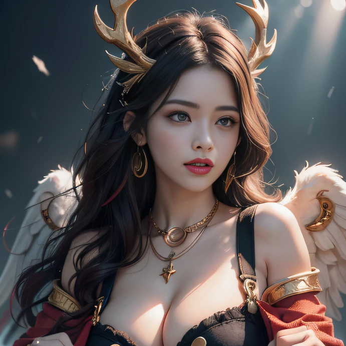 (Barbie pink background)),barbiecore,A princess,cabellos largos dorados,Kizi,delicated face,Side close-up(Golden antlers, Red-black cloak,Rouge overalls,vapour,Rouge complexion,Fog jelly flat chest,Golden wire fish net knee pads space jump,extremely happy,He Xiaotong, (A half body), (Ultra photo realsisim:1.4), (Realistic:1.3), (up of the upper body:0.3), (best quality real texture skin), (Fine true circle Symmetrical eyes), (The beautiful face is beautifully drawn,) (A circle of divine light overhead:1.8), ((medieval world)), ((((black angel of the Lord, white angel of the Lord)))), ((Bust close-up portrait)), (Beautiful kind eyes), (She has a mischievous smile on her face), (The colorful eyes were full of sympathy), Shining majestic cloud masses and sky, (halo optical phenomenon), (Angels dancing in the background), (Dramaticlight), (A majestic sight), (Her expression was calm and full of tenderness,Tremendously beautiful), ((Huge wings,There are pure orange feathers behind the shoulders)), (((Folded wings))), Ring in the nose, (((Dramatic photo))), (Twilight), (Snowflakes fluttering), (Dusk), (Divine pose), (Golden hair),(Maroon hair), short detailed hair, ((head looking up)), ((Snowflakes fluttering)), ((Half-body close-up)), (Around her neck hangs a beautifully crafted bronze necklace), Old ruins infested with plants, Close-up of the side of the half, (Luminous magic circle), Ancient Castle Site, Deserted ruins, crumbling ruins, Ancient ruins with clear water, holy rays, epic realistic, ((com cores neutras)), (hdr:1.5), (pastel colour:1.2), ultra - detailed, Cinematic, warm lights, Dramaticlight, (Intricate details:1.1), the complex background,32K(tmasterpiece,k hd,hyper HD,32K)Long flowing black hair,Haizhou people