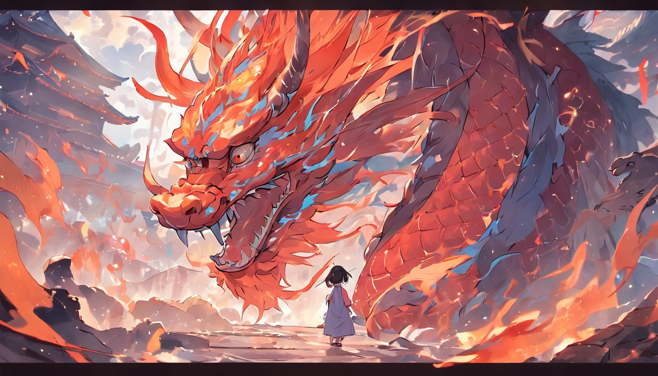 a girl, she stands over a dragon, a dragon made of sand, dust flies from the dragon, <lora:DragonCute:0.9>