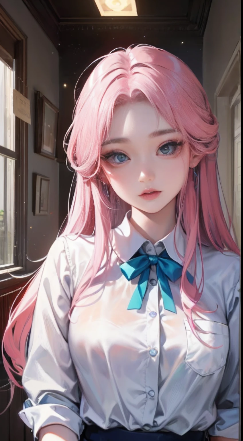 6-person dormitory, indoor environment, girl, delicate facial features, reddish face, official art, masterpiece, sharp focus, (beautiful gorgeous cute Korean woman: 1.3), (beautiful cute Korean: 1.3), Korean beauty, delicate beautiful hair and eyes and face, realistic, super detailed, beautiful girl, glowing white particles, (sidelighting: 1.2), foggy sky, slender, cute, brow furrowed, long straight hair, sexy facial expression, dynamic hair, Long straight hair, fine platinum-pink hair, glowing blue eyes, (blue pleated shirt + white skirt), white stockings, pale skin, hair accessories, , woman is tall ,