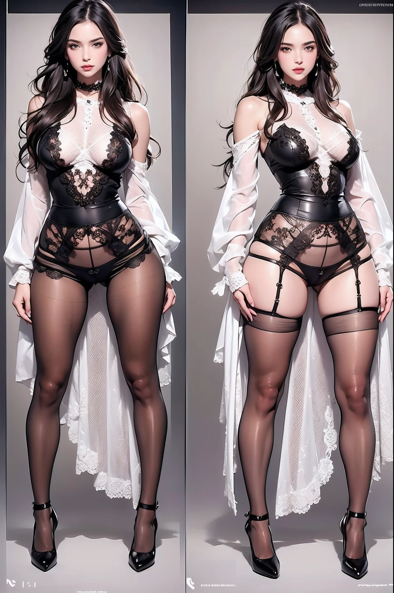 ((Masterpiece, Highest quality)), Detailed face, CharacterDesignSheet，full bodyesbian, Full of details, Multiple poses and expressions, Highly detailed, Depth, Many parts，beuaty girl，cinmatic lighting，with light glowing，Lace，lacepantyhose，light yarn，veils，high-heels