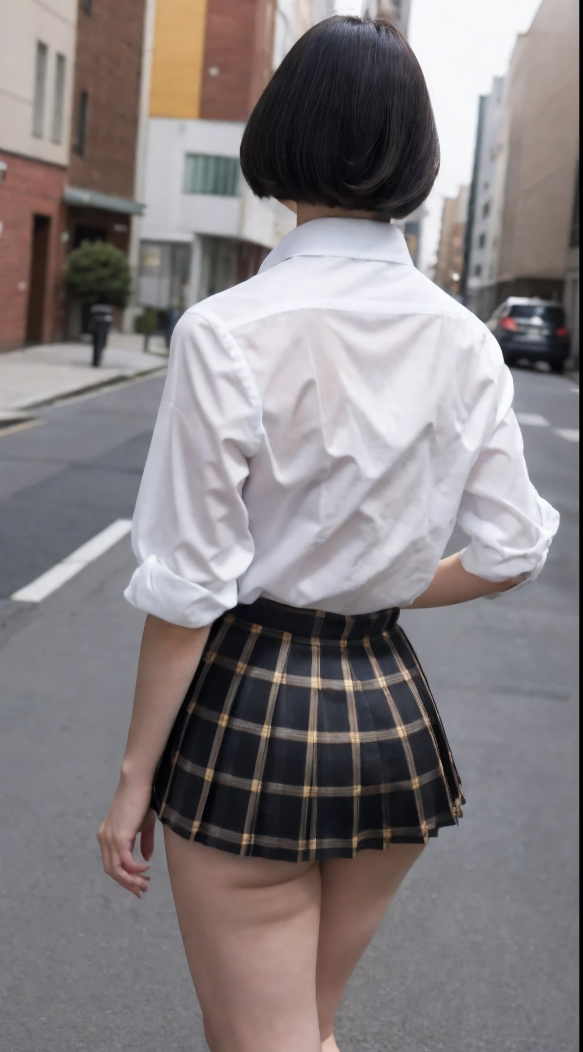 (8K, 超A high resolution, Best Quality, masutepiece:1.2),(18year old:1.2)、(Look away)、8K、RAW portrait of japanese girl、Photorealsitic、超A high resolution、top-quality、 (huge-breasted、Close all buttons on the shirt:1.4)(student clothes、Pure White Cutter Shirt、Check Pleated Mini Skirt:1.35)、(in a street:1.2) BREAK (Natural Skin Texture、Detailed skin、Hyper-Realism、ultra sharpness)、intricate detailes、depth of fields(Put a white shirt inside the skirt:1.3)、Show the armpits、Navy Plaid Pleated Micro Mini Skirt(Black hair short bob、Shiny legs、T back、Black loafers、Black stockings:1.3)