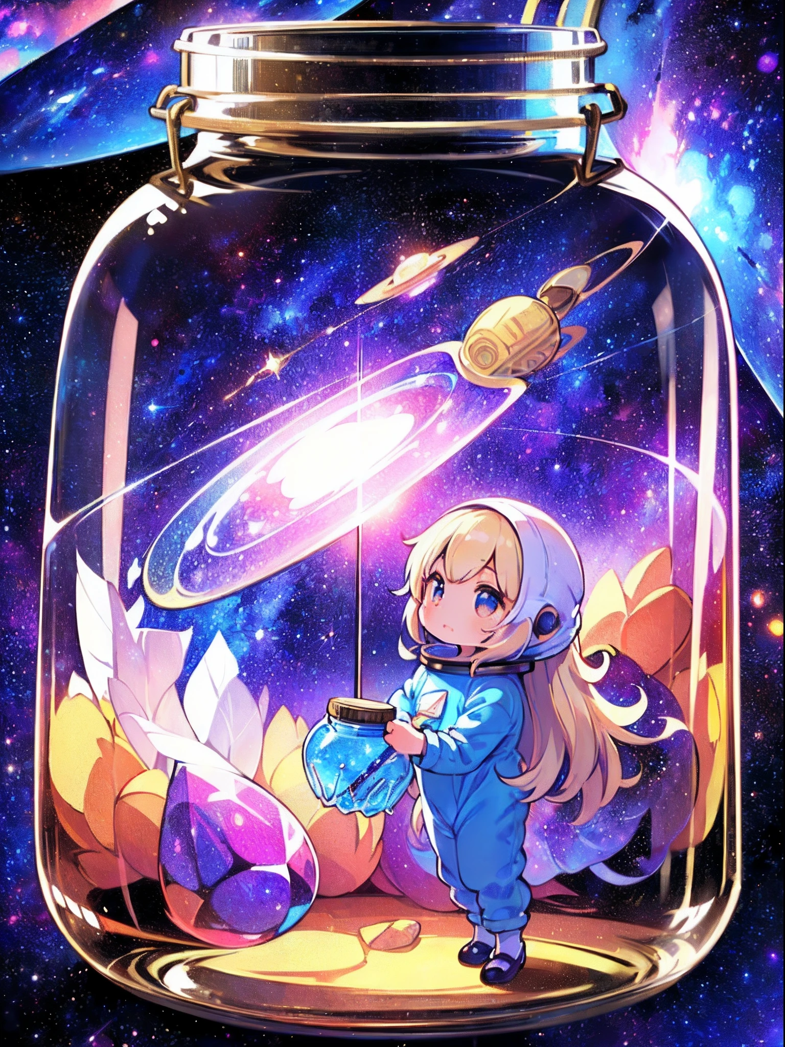 Ridiculous, high resolution, super detailed, (accurate and incomparable illustration:1.3), (1 girl:1.3), (fairy in glass), (chibi:1.3), (onesie), (simple background:1.3), (to:1.3), (world in large glass bottle:1.5), (space with galaxy is depicted in a large glass jar:1.5).