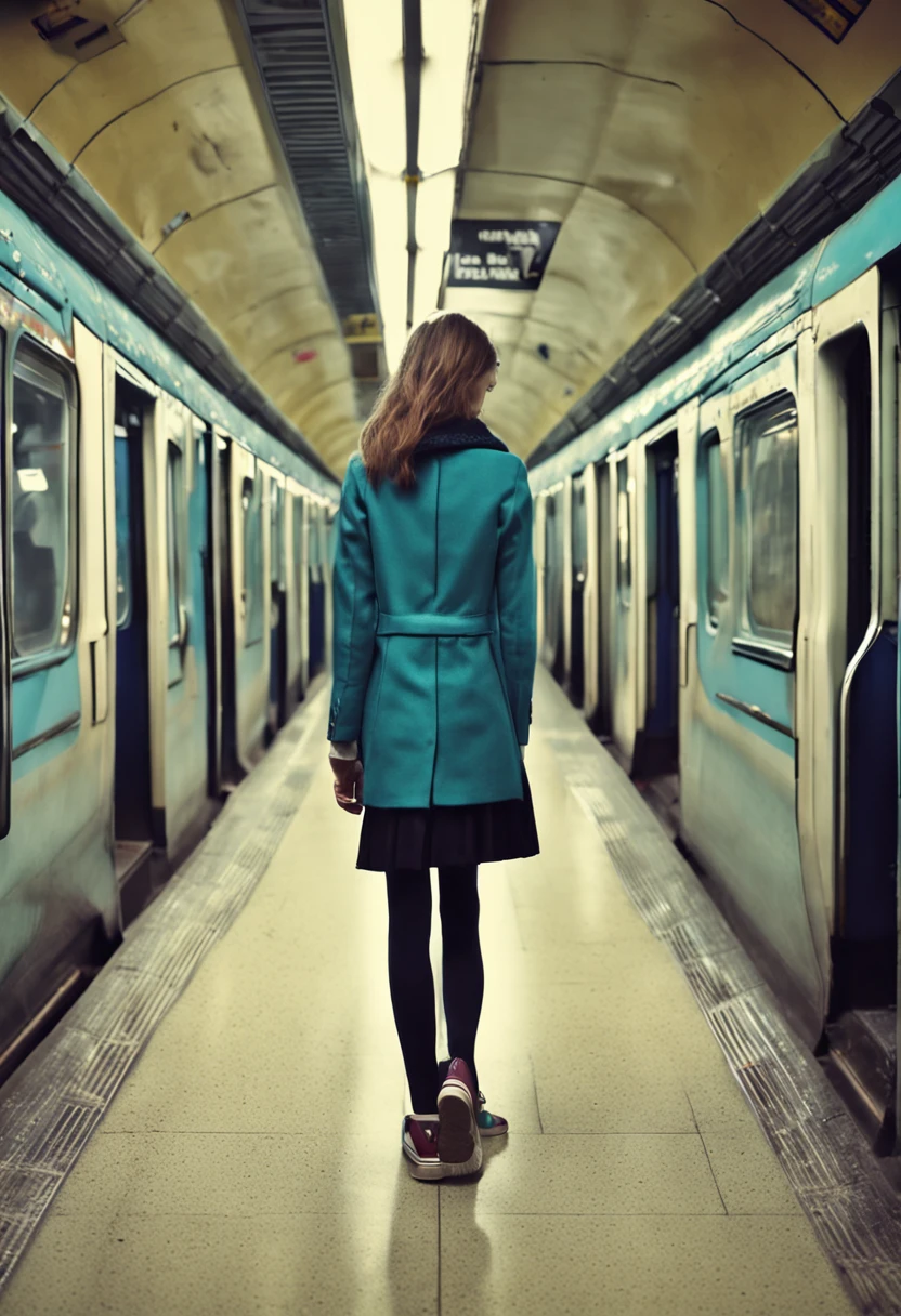 skinny anorexia,elongated body, in a school uniform in tights, walks in the subway. A lot of people on the background