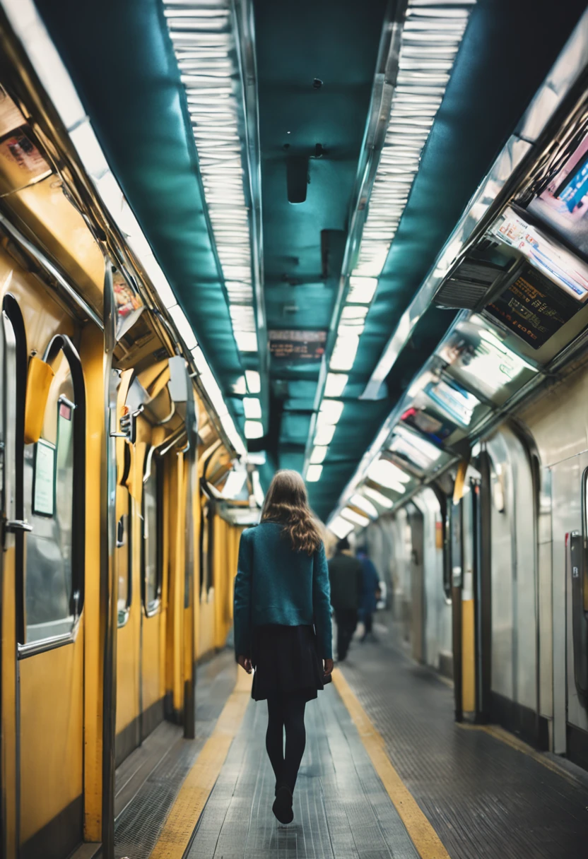 skinny anorexia,elongated body, in a school uniform in tights, walks in the subway. A lot of people on the background