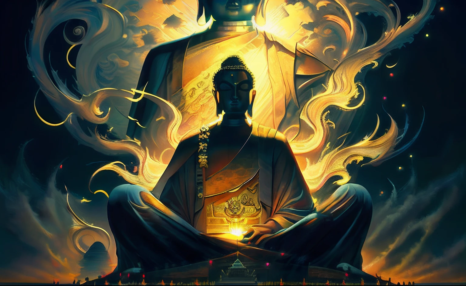 The Buddha sits in the place of the lotus，Fire came out of his chest, Buddhism, zen méditation cyberpunk, Dan Mumford and Alex Gray style, cyril rolando and goro fujita, enlightening. Intricate, a Buddhist Buddha, enlightening, samsara, monk meditation, jen bartel, concept art of a monk, floating in a powerful zen state, Martin Ansin, Buddhist