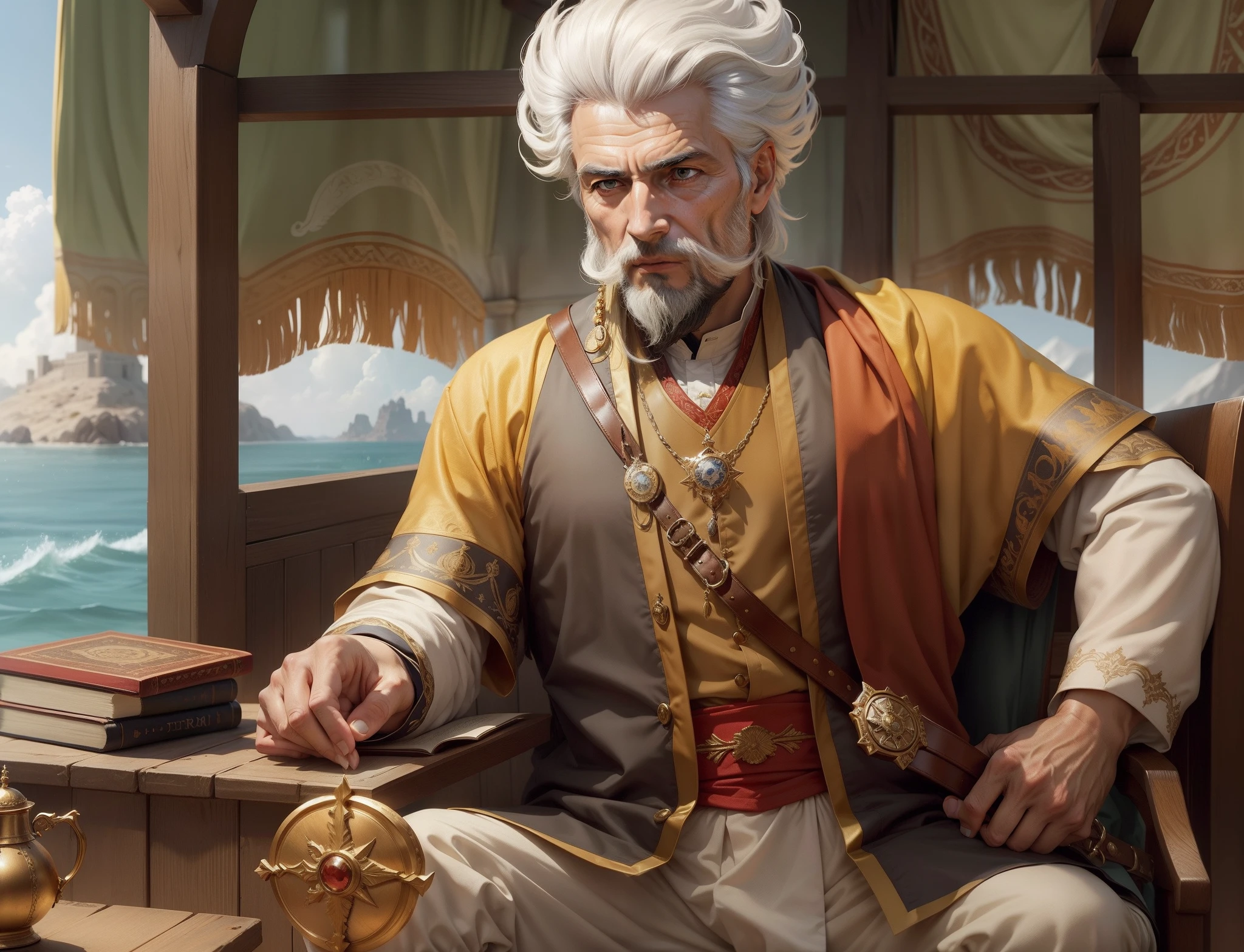 Piri Reis, Turkish, navigator, chief general commander, age of 40, wrinkle, man, male, old, smooth face, white hair, white beard, thin, very energetic, very ambitious, the greatest of all the times, hero, Turkish face and limbs, delicate, expertise in navigation, very calm face and emotion, confident, strategy expert, luxurious clothes and accessories, conservative, calm,15th century, realistic, expensive and dedicate and sophisticate clothes, renaissance, age of exploration