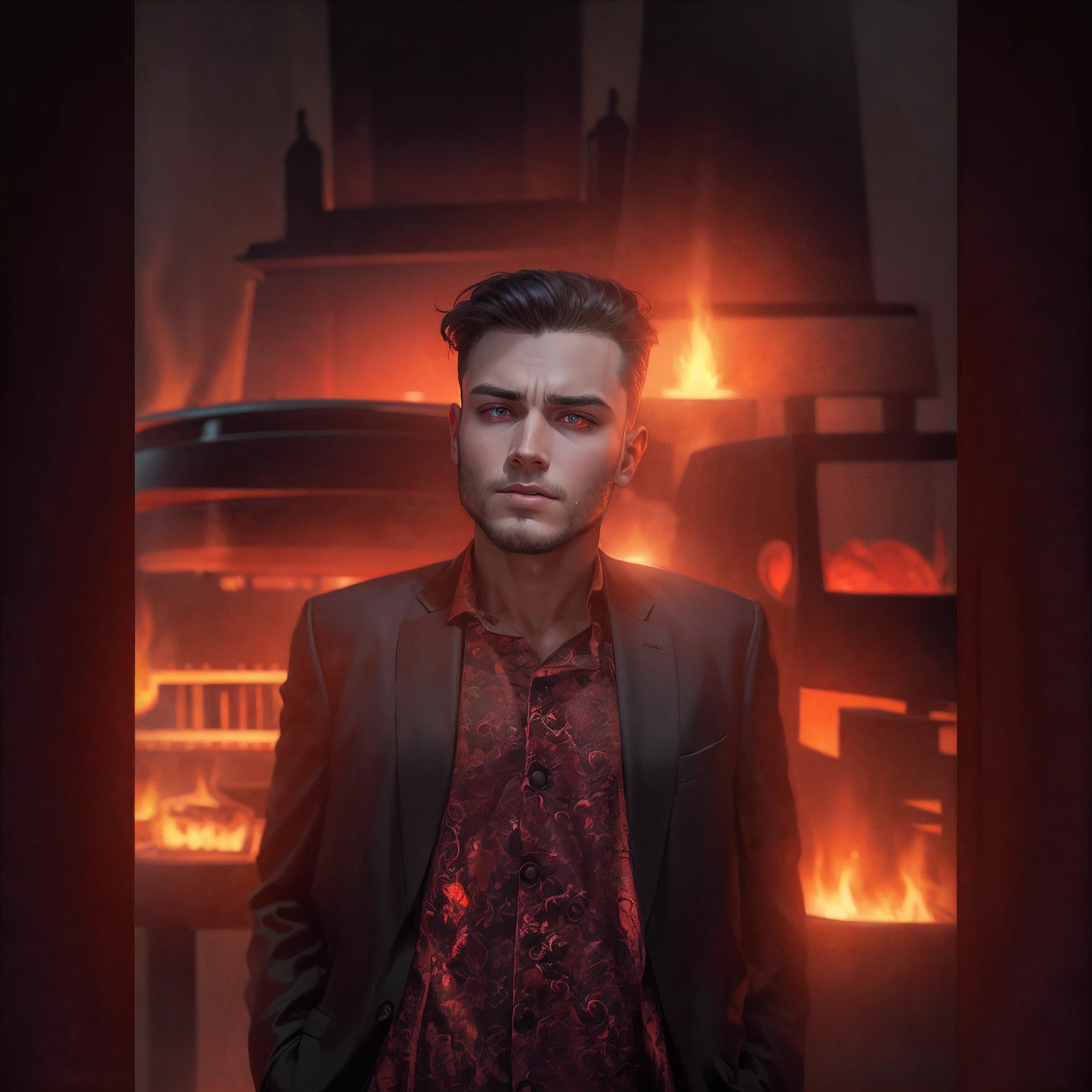 A handsome devil boy, Evil eyes with fire burns eyes, Fire hell background, stand on a hell, Original face, masterpiece 16D ultra hd quality, clear detailed, best quality.