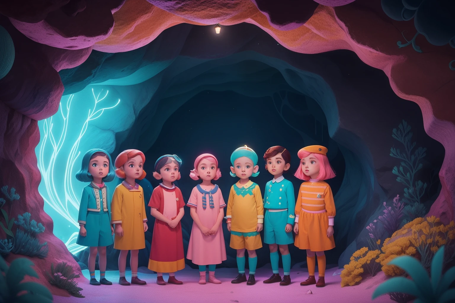 In a Wes Anderson-inspired coastal town, a group of characters with colorful, asymmetrical hairstyles and vibrant clothing discover a hidden cavern filled with bioluminescent creatures, their faces aglow with childlike wonder.