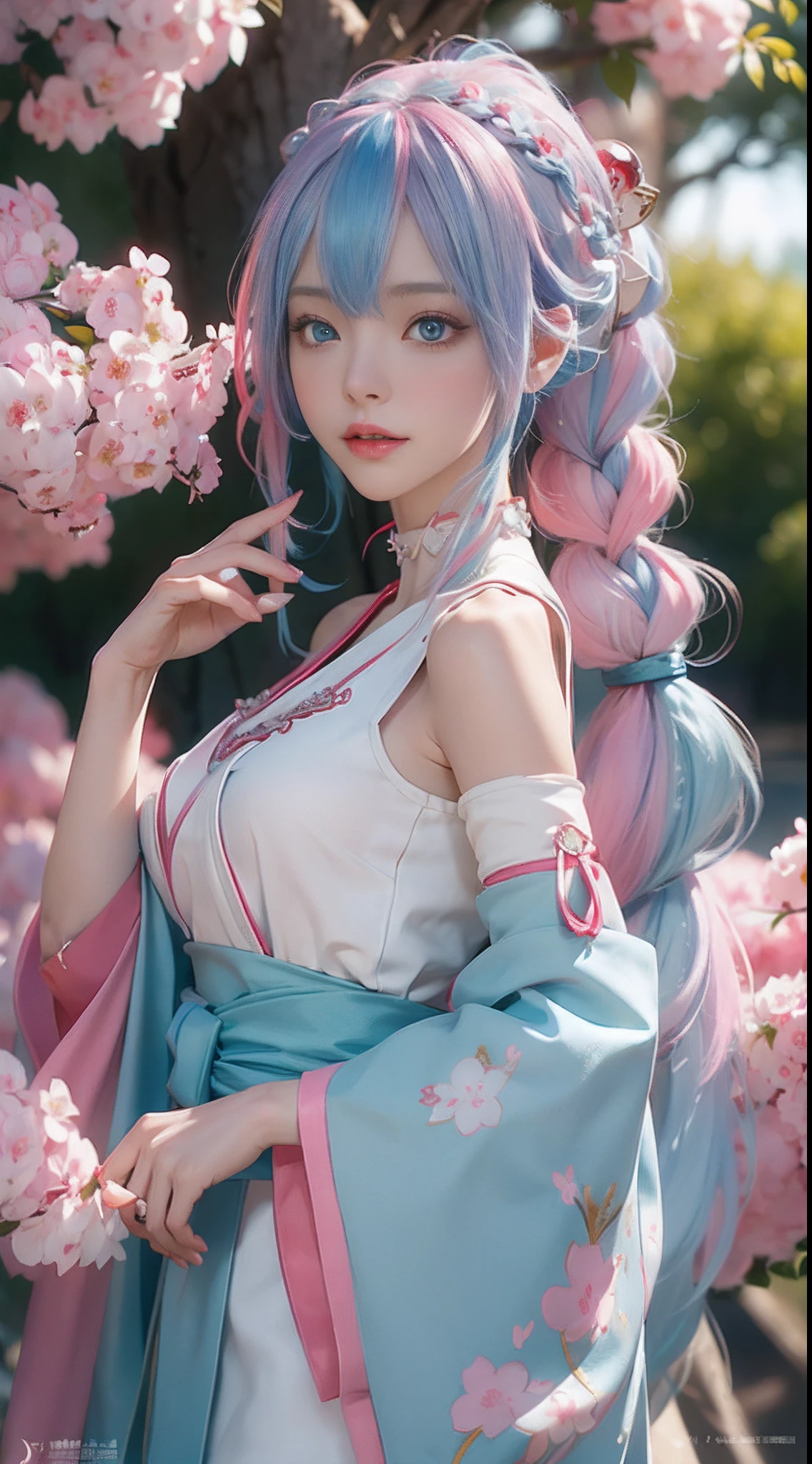 Anime girl with white hair, Blue eyes and red umbrella，White-haired god，Kushat Krenz key art feminization，Onmyoji detailed art，onmyoji portrait，best anime 4k Konachang wallpapers，Detailed digital anime art，Anime goddess，High detail official artwork，detailed anime art，onmyoji，portrait of a female anime hero，long leges，chibiStyle， face，The beauty of the cold is touching，(((colorfulhair)))，((half blue, half pink hair))，(Perfect eye painting)，eyes with brightness，choker necklace，耳Nipple Ring，Delicate mouth，Delicate nose，Delicate makeup，Braided ponytail hair，Red lips，(Purple eyes)。perfect body figure，(Streamer Girl)，Yellow T-shirt，Delicate tassels，expressioness，Ribbons，is shy，Efeito de Luz，downy，white backgrounid，Ultra-clear，HD picture，full-body portraits，frontage，having fun，（Hand held fan），the cherry trees，