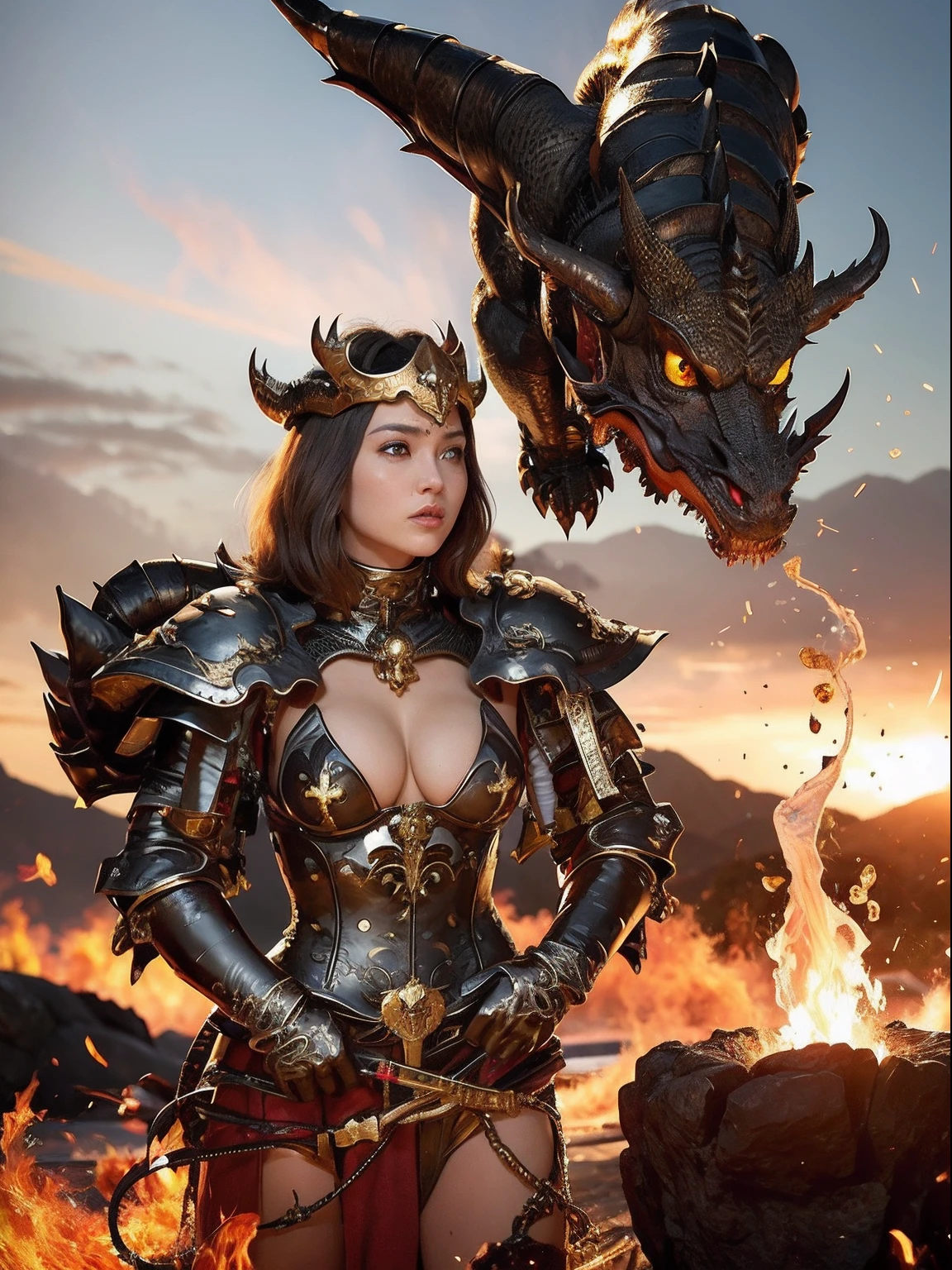 Professional , ​masterpiece、top-quality、photos realistic , depth of fields 、（Dragon Black Metal Body:1.９),(Mattretto、（cleavage of the breast）、Dragon Gold Weapon、（Micro Bikini Armor:1.４),Gorgeous gold weapons ,Particles of light、Particles of light、（（ Dragon's dense and gorgeous sword）） , （demonic wings）、（（a blond））、（Castle background）、Fight dragons、（（Gangle's forest background））、Take intense poses、Beautiful Caucasian beauty、１a person、dynamic ungle,(((Detailed and ornate dragon helmet)))、Smaller head、A smile、Castle background、Thin and beautiful female hands、cleavage of the breast、Soldier in iron armor on background、Mystical expression、Light Effects、intense fighting、Wind-effect、magic circles、With the legendary magic wand、Dragon's tail、explosions、