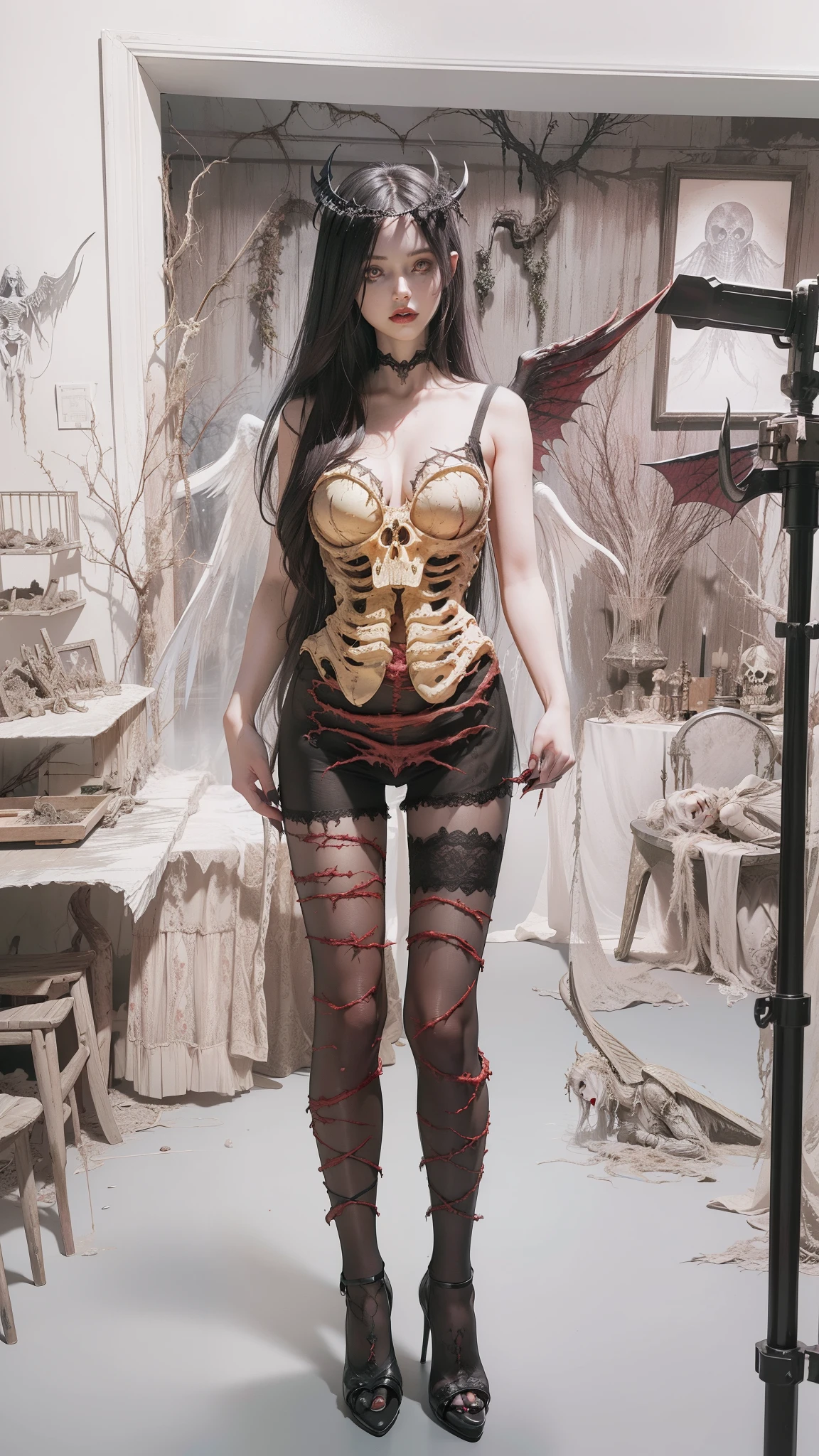 Fine matte painting, skeleton dark angel big wings haunted castle on drawing table full of knives, horror, spookiness, scary, secret horror, tentacles, vines, eyes, uncanny valley effect teeth, limbs, animals, blood moon，high-heels，8K