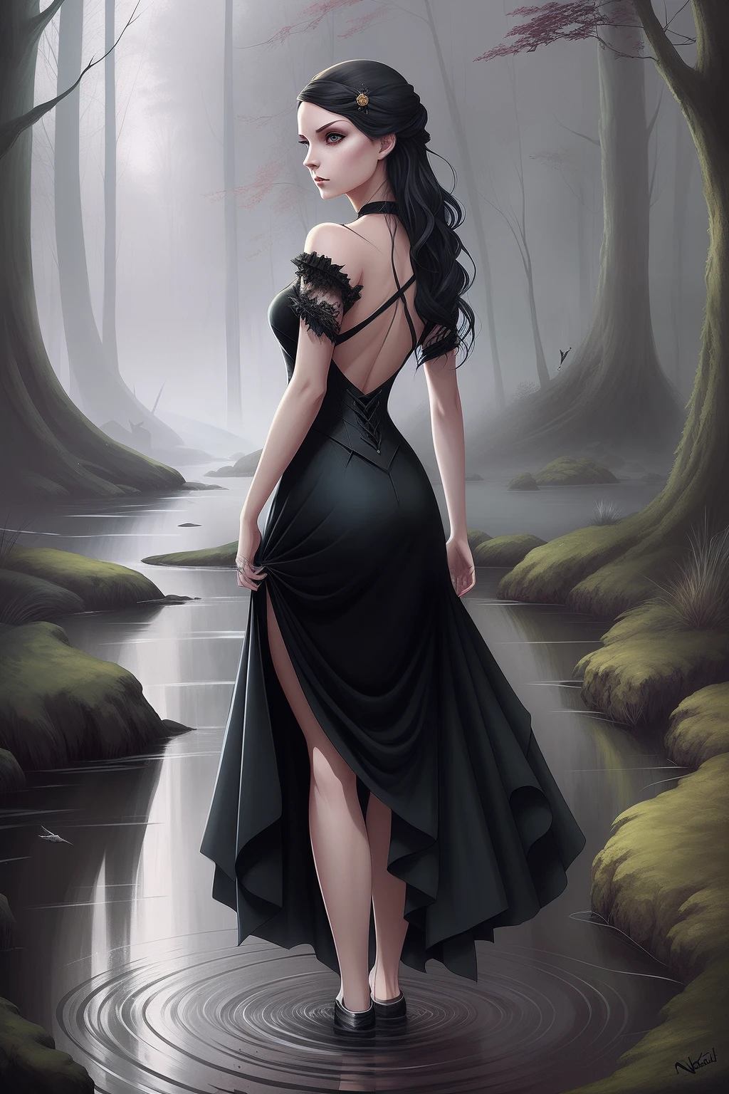 In the stream stood a woman in a black dress, charlie bowater art style, Charlie Bowater style, dark fantasy style art, Dark dress, dark fantasy art style, in style of charlie bowater, inspired by Charlie Bowater, NeoArtcore和Charlie Bowater（charlie bowater）, dark fantasy mixed with realism, inspired by Magali Villeneuve