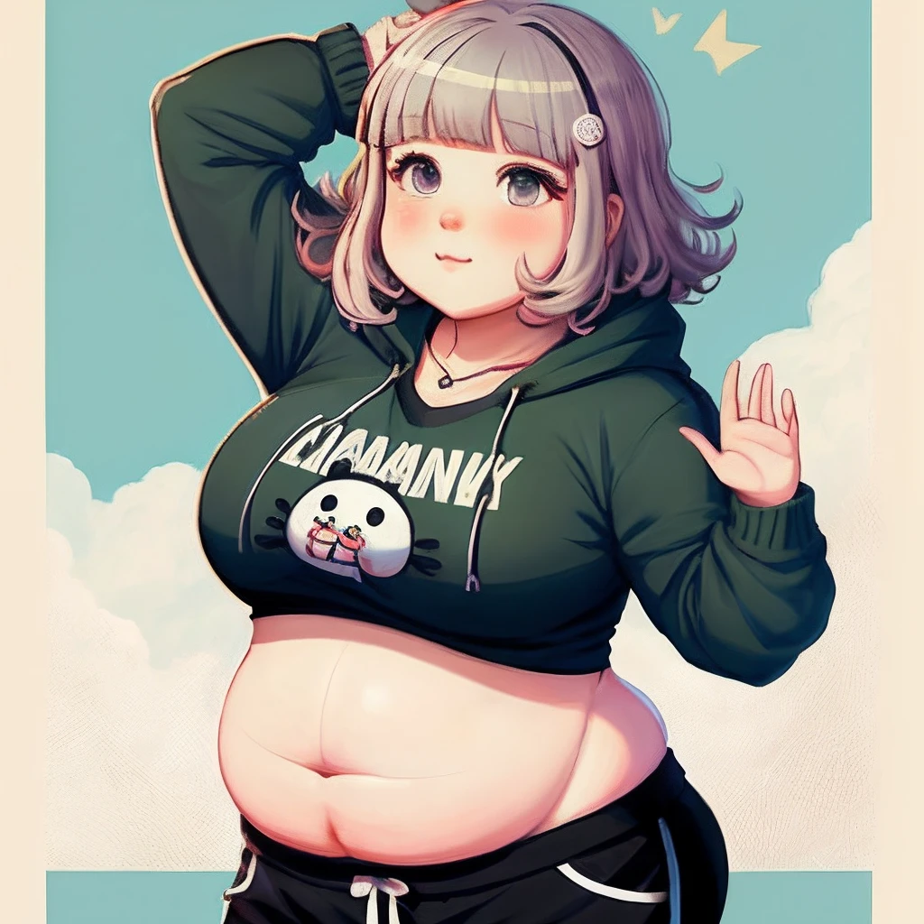 Sister in a white T-shirt with colorful graffiti and white shirts, big belly, saliva, hungry, tummy, bellybutton, mouth open, Rolling the tongue, Little sister, fart, anime, toilet, vore, nsfw