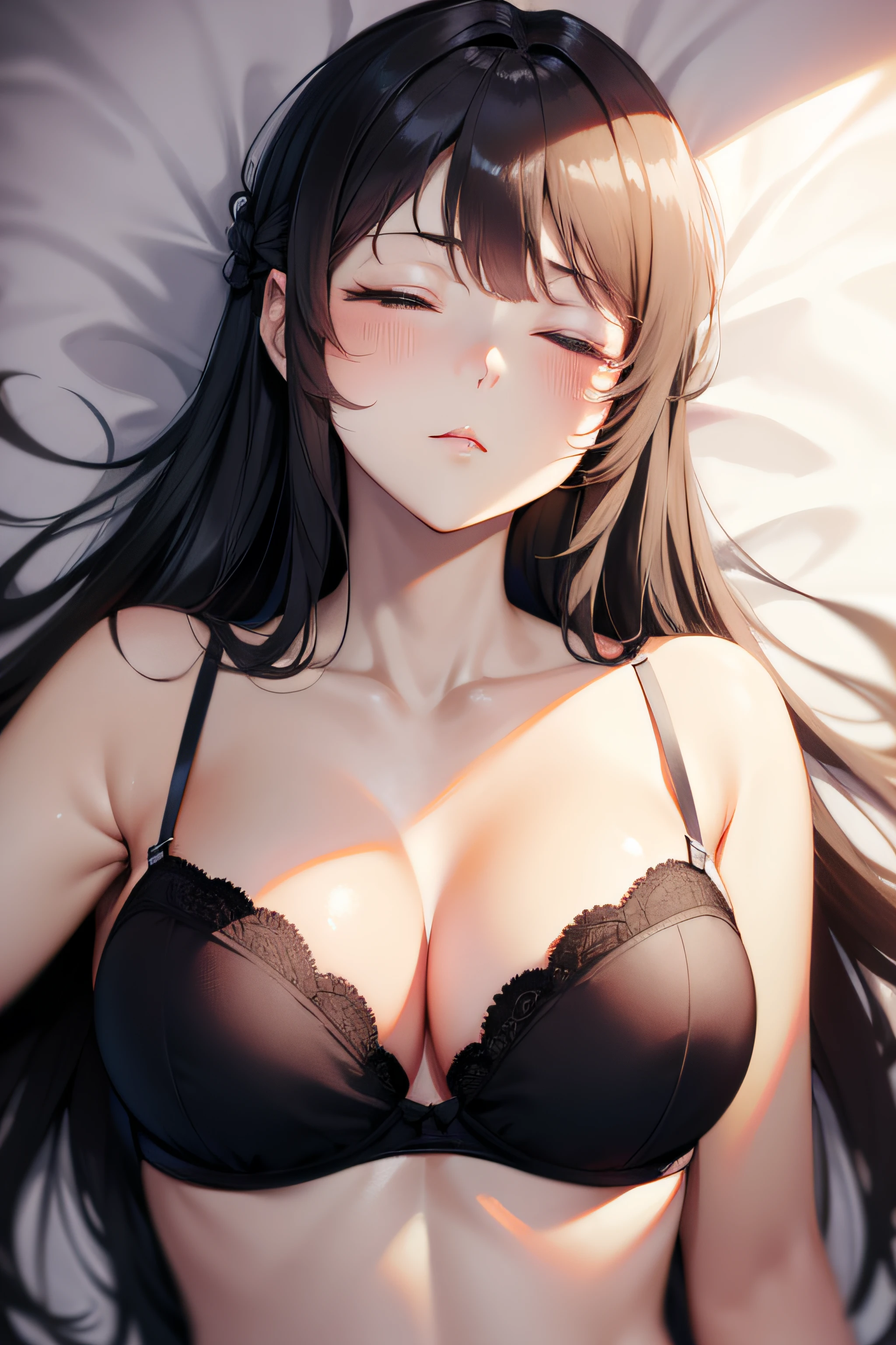 ((masterpiece, best quality, highres, UHD, perfect pixel)), Sakurajima mai, long hair, bangs, black hair, ((smooth texture:0.8, realistic texture:0.8)), ((medium breasts, cleavage)), indoor, bedroom, dynamic pose, busty, perfect body, ((fall asleep, sleeping on the bed, closed eyes, closed mouth)), blushing, ((bra, lingerie)), natural light