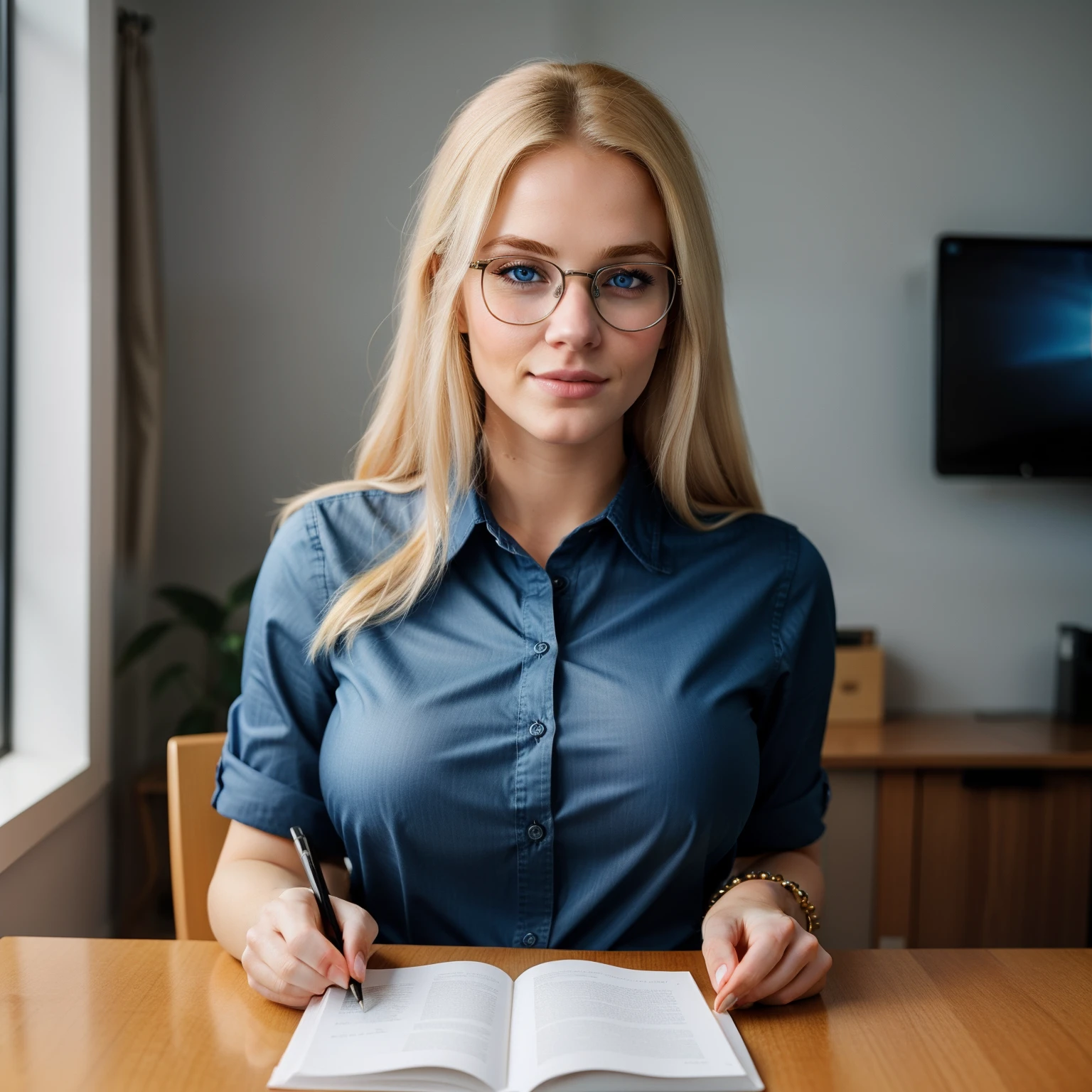 Photo RAW UHD of a 24-year-old blonde (Blue-eyed woman high level of detail), long blonde hair, sitting at the table tapping on a laptop, wearing glasses and black shirt with blue jeans, muscular butt, detailed face pores , looking at the camera, long legs, oily skin, ultra quality, big boobs, sexy body, ultra quality, perfect breasts