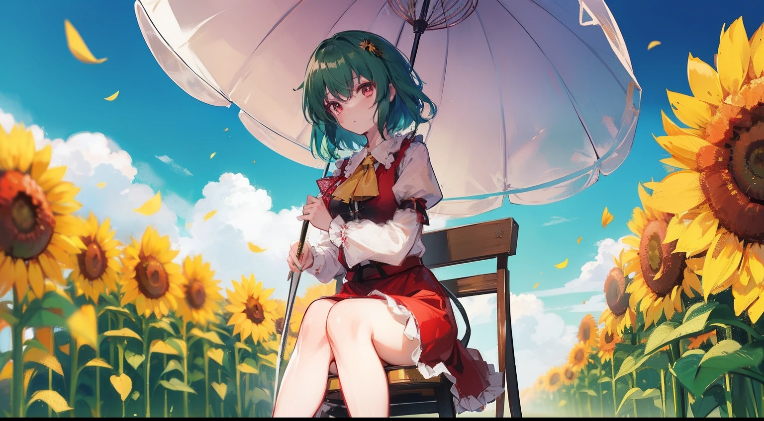masutepiece, Fine detail, 4K, 8K, 12K, Solo, Solo, Beautiful Girl, caucasian female, Yuka Kazami of the Touhou Project, Green hair, Short hair, Red Eyes, Sitting in a white chair, Stylish chair, white desk, Stylish desk , Stylish parasols, Sunlight, Sunflower field, sunflowers, hair blowing in wind, Fluttering petals, Drinking tea