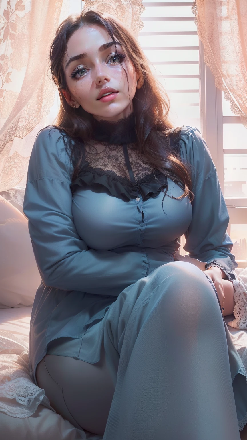 (best quality), beautiful woman, aesthetic, ((perfect body, perfect boobs, large breasts, perfect thighs)), ((seductived faced, perfect face, detailed face)), ((long brunette messy hair, detailed hair)), ((wearing unbuttoned thin tight shirt and lace panties, detailed clothes)), ((sitting on bed, relax, looking away)), ((realistic, aesthetic photo)), ((dim light, sunset, bedroom, window view background)), ((high saturation, high resolution, best lighting, best shadow, hyper realistic photo, hd, 8k)), ((dynamic angle, head to thigh, cowboy shot CS, rewarded photography))