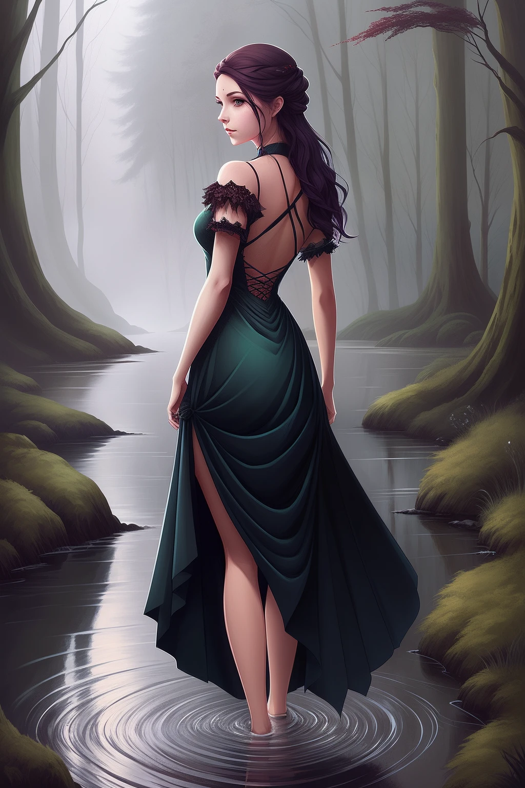There was a woman in a dress standing in a stream, charlie bowater art style, Charlie Bowater style, in style of charlie bowater, inspired by Charlie Bowater, NeoArtcore和Charlie Bowater（charlie bowater）, dark fantasy art style, dark fantasy style art, charlie bowater rich deep colors, charlie bowater character art, dark fantasy illustration