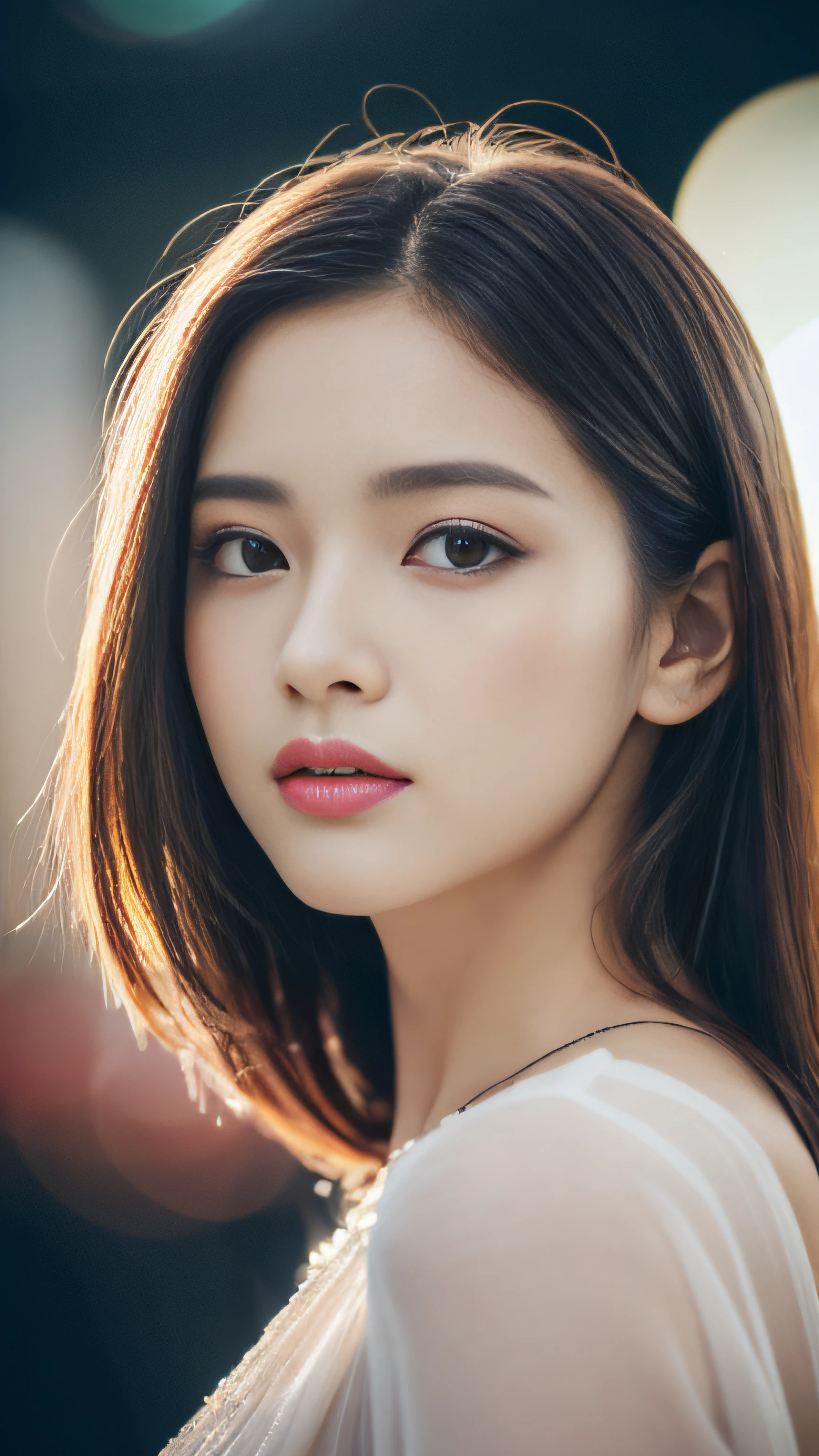 (8K, Raw photo, Photorealistic:1.25) ,( Lip gloss,Glossy finish, Glossy skin, Best Quality, 超A high resolution, chromatic abberation, Caustics, Wide light, Natural Shadow) look with serenity and goddess-like bliss to the spectators,(depth of fields:1.6), (colorful unfocused lights on background:1.2) ,very natural make-up,Shot on a cloudy day . Slender eyes.Downcast eyes. The distant look in her eyes、(Chic and classy dresses)(Stylish as a professional model)、Radio City、Medium Hair