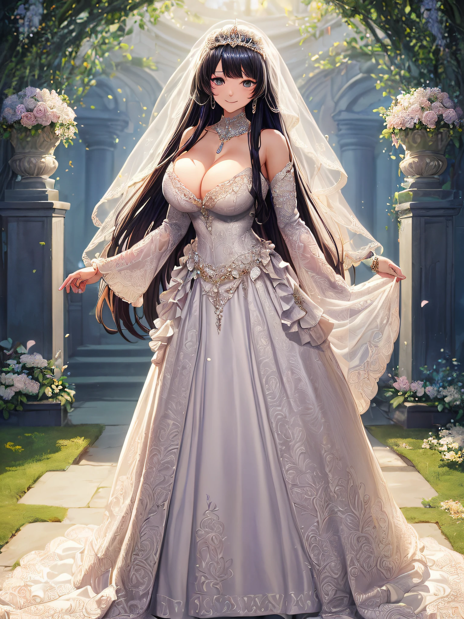 (masterpiece, best quality,extremely detailed,moe anime art style:1.2),1girl, (solo), cute, kawaii,digital art,((1 fantasy princess wearing beautiful embroidery and jeweled gorgeous wedding dress with voluminous full length hoop skirt)),crinoline,((voluminous frills)),gorgeous embroidery and beautiful lace,(very gigantic boobs,cleavage,skindentation),((shiny hair,absurdly voluminous straight hair,absurdly Long Hair)),(finely detailed face and eye),smile,extremely gorgeousfull jeweled tiara,((bling-bling gorgeous gemstone jewelry)),long wedding veil,((standing in beautiful garden)),flowers,flower petals flowing,((beautiful embroidery and jeweled gorgeous wedding dress with voluminous full length hoop skirt))