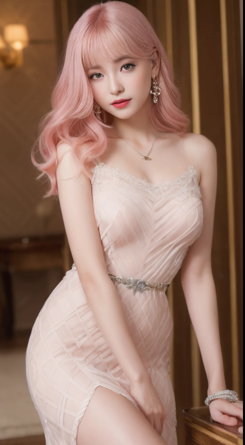 ((An ultra-high picture quality、top-quality、8k picture、masterpiece:1.3))、Crisp focus:1.2、Beautiful woman with perfect body shape:1.4、The most beautiful face、Super Slender、abdominals:1.2、((Pink hair、Very short cut、Beautiful and big breasts:1.2、tchibi、)Best pink hair、)、Perfect pink hair、Perfect short hair、a wet body:1.5、Very delicate skin texture、A detailed eye、二重まぶた、German、 student、German beauty at 15 yfect five-finger、Delicate and perfect hands、perfect arms、perfect leg、perfect foot、night city background、Inside a luxury cabaret、perfect eyes、Perfect makeup、red-lips、A slight smil、open the legs widely、Delicate hair、skinny body、Ganimata leg opening、Hands behind the body、bich、high quality make up、Gorgeous and elegant hair、Bewitching face、Best Makeup、The cutest beauty in the world、Best Hair Styling、Stylish hair and makeup、The cutest in the world、(Gorgeous and elegant finest Japanese pattern dress、)The finest Japanese pattern dresses、Luxurious dresses、Wear hair ornaments、Gorgeous Japanese pattern dress、Simple piercing、Glamorous atmosphere、Wear high-heeled shoes、Wear a luxurious necklace、Short stature、tchibi、Infant face、Wearing the most glittering luxury bracelet、Wearing a diamond anklet、Gentle face、Perfect young face、Innocence、Overall dark、Full Lolita Face、a baby face、Sexy Cst、Sexy face、Sexy little girl、Chic and classses、Everything is very beautiful、Lace luxury panties look perfect、Finest Long Dresses、Interior background of the cabaret、Luxury Pearl Necklace、Thin thin eyebrows、Young German 15 years old、Aligned bangs、