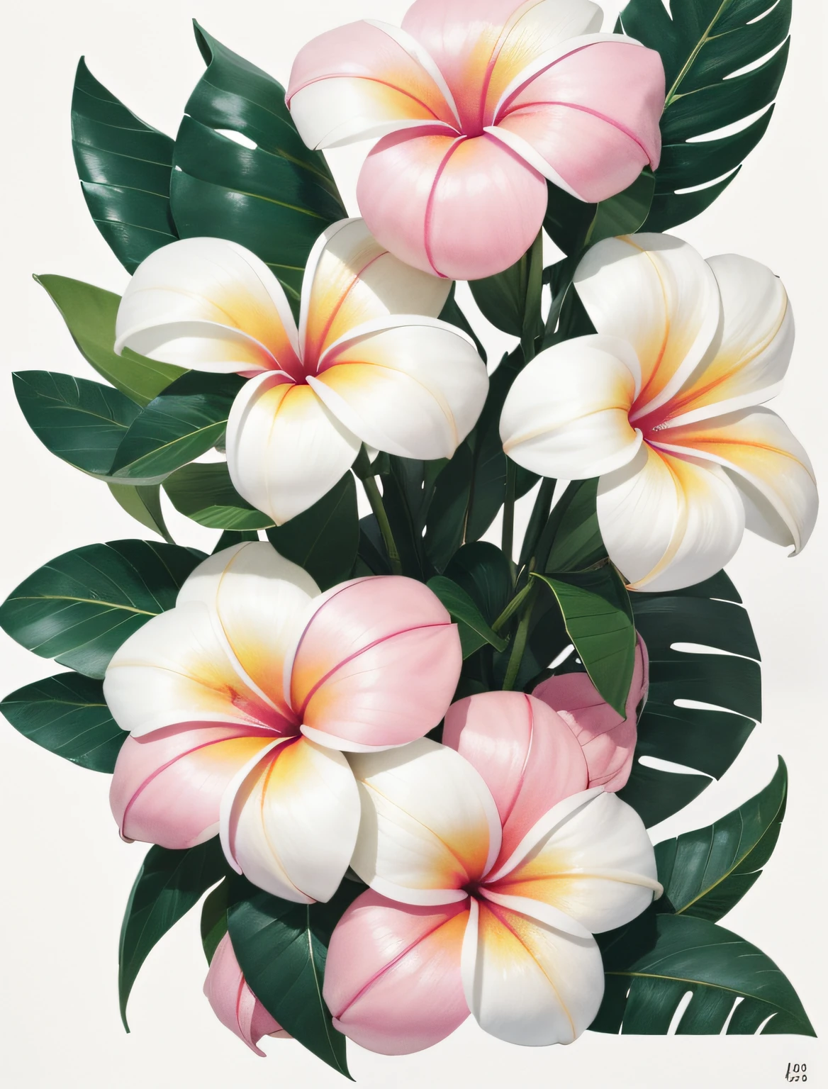 high-level image quality、Ultra-dense、Beautiful watercolor painting、White plumeria flowers、White and pink plumeria、{{Leafless}}{{Flowers only}}、Southland