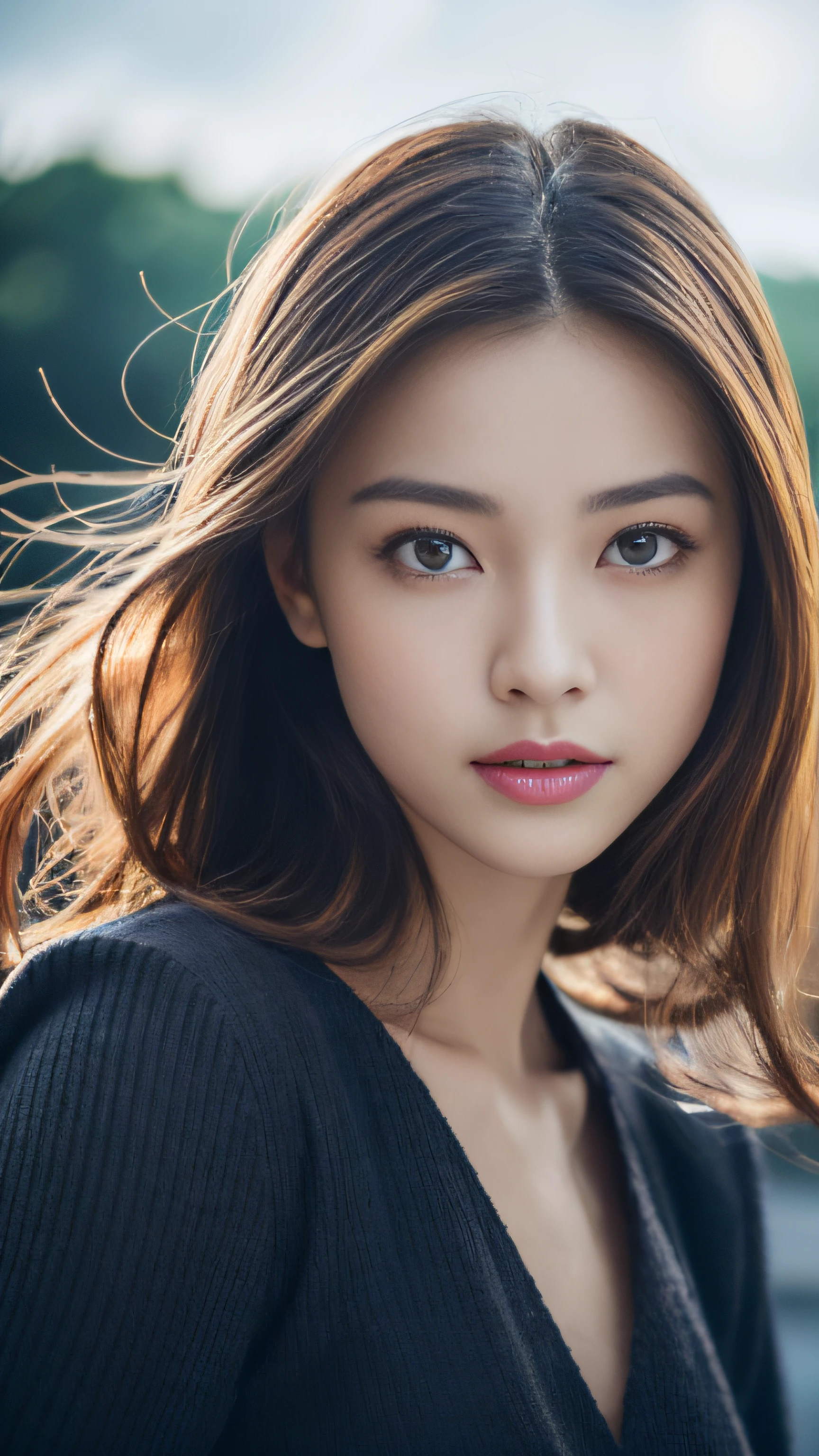 (8K, Raw photo, Photorealistic:1.25) ,( Lip gloss,Glossy finish, Glossy skin, Best Quality, 超A high resolution, chromatic abberation, Caustics, Wide light, Natural Shadow) look with serenity and goddess-like bliss to the spectators,(depth of fields:1.6), (colorful unfocused lights on background:1.2) ,very natural make-up,Shot on a cloudy day . Slender eyes.Downcast eyes. The distant look in her eyes、(Chic and classy dresses)(Stylish as a professional model)、Radio City、Medium Hair