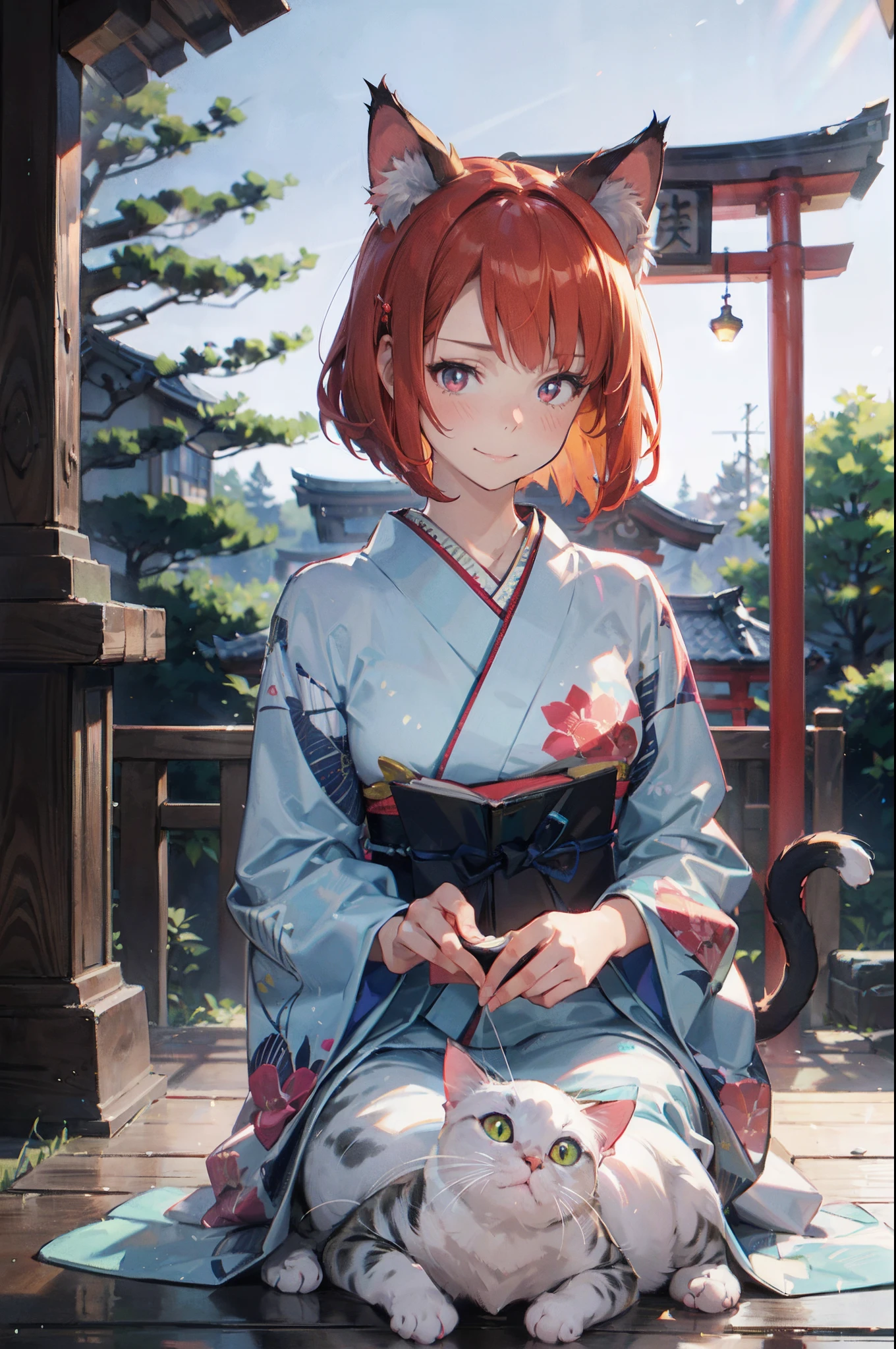 masutepiece, Best Quality, Detailed beautiful face and eyes, Full body, The best illustrations, PastelColors, (jpn、Shrine 1.4), Red torii gate, beauitful face, blurry backround, 10 year old beautiful girl, shinny skin, (1The tail of a cat in a book grows:1.3), Sharp pupils, Realistic pupils, Glowing red hair, bob cuts, Eyes are yellow, Cat's ears, Floral hair ornament, Gentle smile, Curve, (Kimono:1.2), facing front