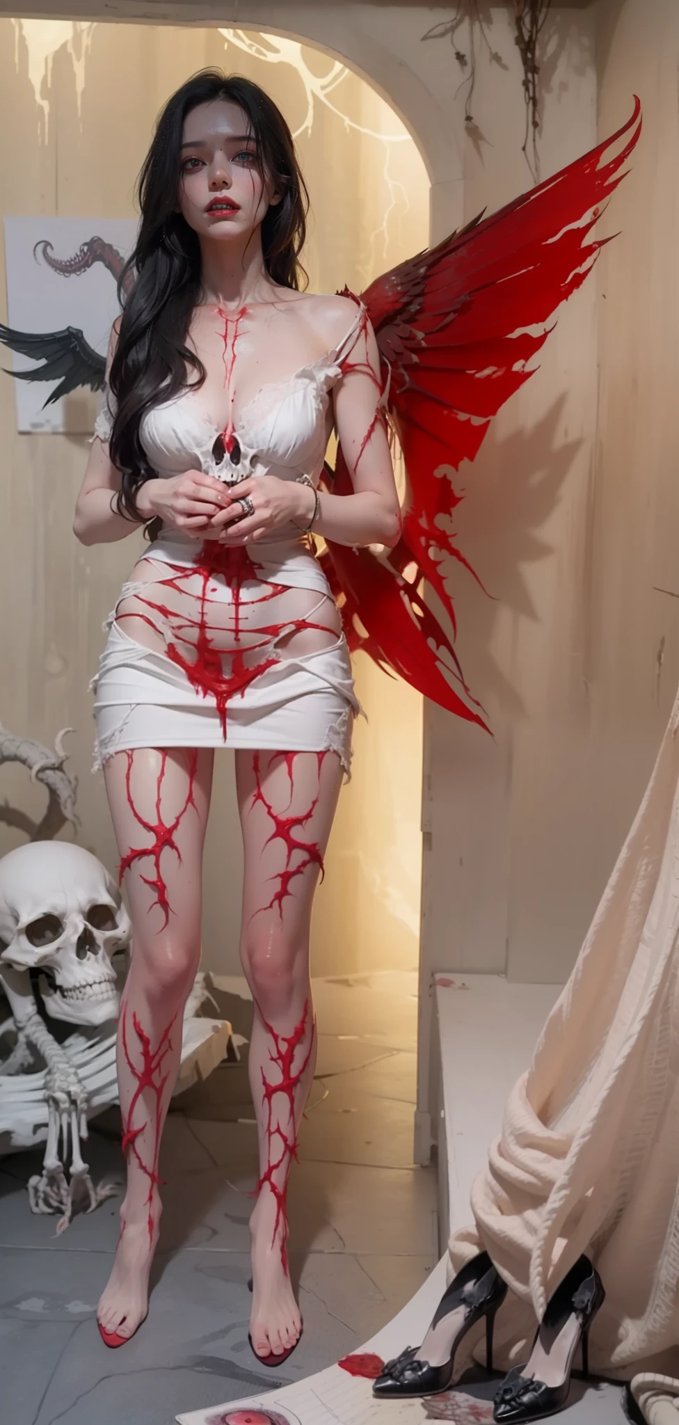 Fine matte painting, skeleton dark angel big wings haunted castle on drawing table full of knives, horror, spookiness, scary, secret horror, tentacles, vines, eyes, uncanny valley effect teeth, limbs, animals, blood moon,high-heels,8K