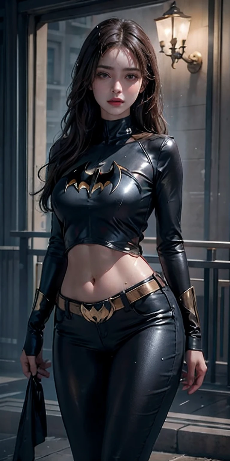 Beautiful woman with short hair defines the body and wears Batman role-play
