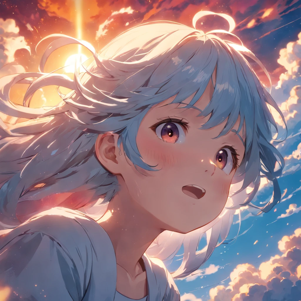 masterpiece, best quality, movie still, 1girl, cloud girl, floating in the sky, close-up, bright, happy, warm soft lighting, sunset, (sparks:0.7)