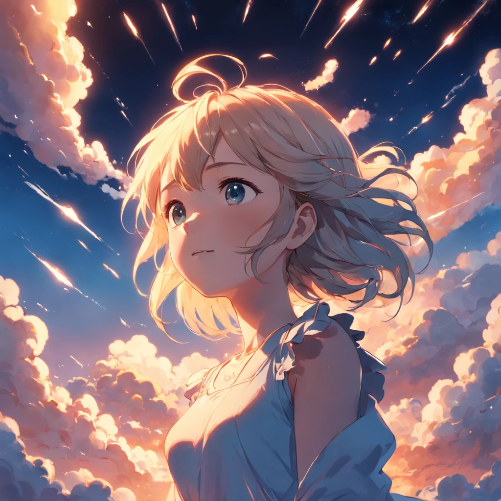 masterpiece, best quality, movie still, 1girl, cloud girl, floating in the sky, close-up, bright, happy, warm soft lighting, sunset, (sparks:0.7)
