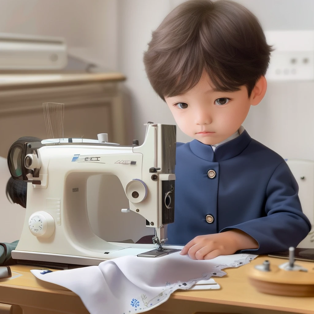 A boy in a blazer sits in front of a sewing machine sewing,Black color hair