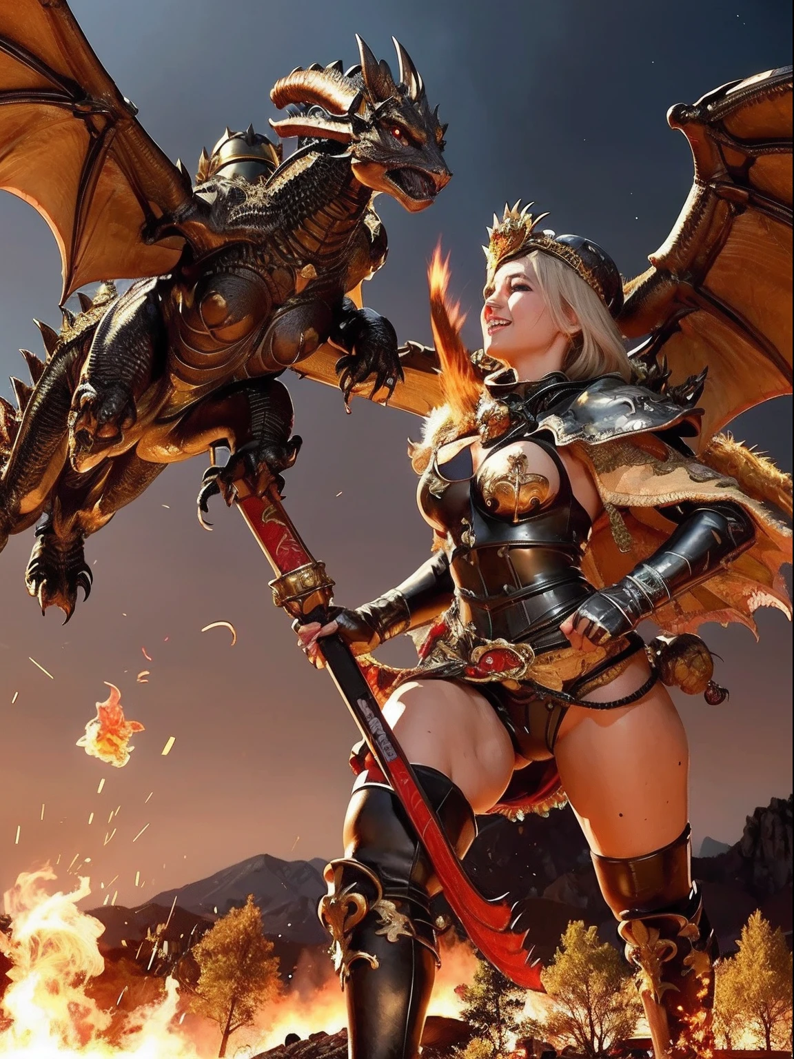 Professional , ​masterpiece、top-quality、photos realistic , depth of fields 、（Dragon Black Metal Body:1.９),(Mattretto、（cleavage of the breast）、Dragon Gold Weapon、（Micro Bikini Armor:1.４),Gorgeous gold weapons ,Particles of light、Particles of light、（（ Dragon's dense and gorgeous sword）） , （demonic wings）、（（a blond））、（Castle background）、Fight dragons、（（Gangle's forest background））、Take intense poses、Beautiful Caucasian beauty、１a person、dynamic ungle,(((Detailed and ornate dragon helmet)))、Smaller head、A smile、Castle background、Thin and beautiful female hands、cleavage of the breast、Soldier in iron armor on background、Mystical expression、Light Effects、intense fighting、Wind-effect、magic circles、With the legendary magic wand、Dragon's tail、explosions、