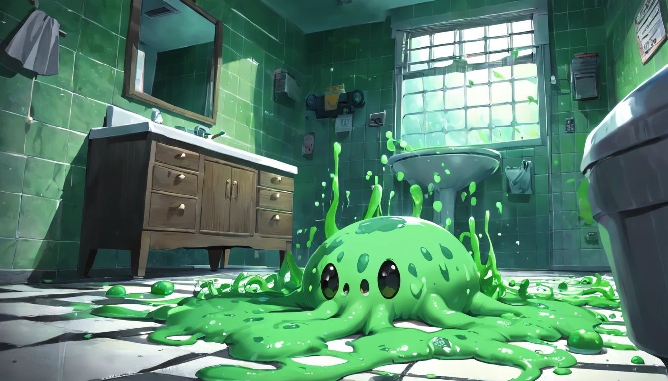 green slime alien blob with tentacles,invasion of green slime alien blobs popping out of the toilet,background:small school, checkerboard floor,mess,newspapers,(green slime blasts),