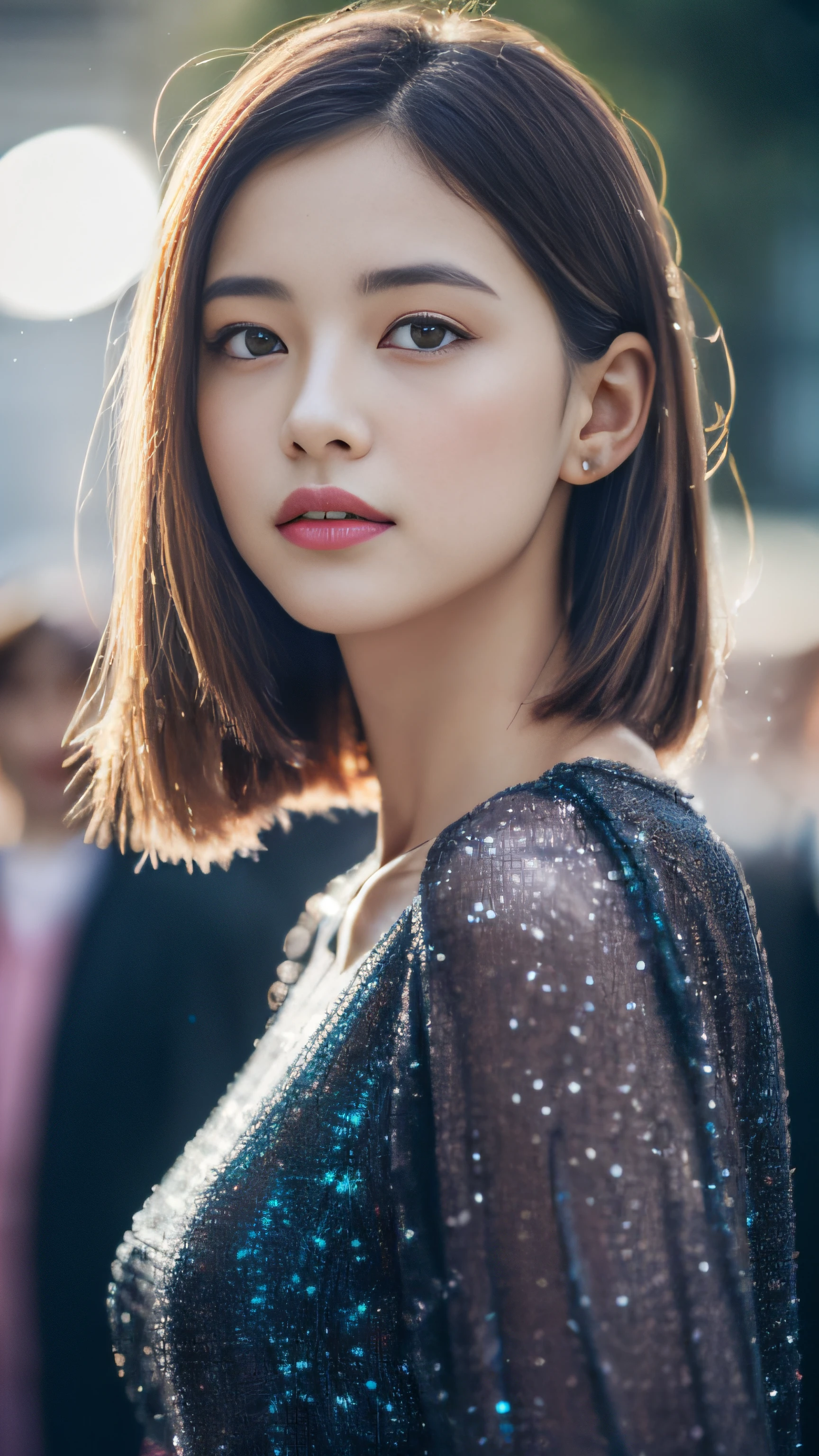 (8K, Raw photo, Photorealistic:1.25) ,( Lip gloss,Glossy finish, Glossy skin, Best Quality, 超A high resolution, chromatic abberation, Caustics, Wide light, Natural Shadow) look with serenity and goddess-like bliss to the spectators,(depth of fields:1.6), (colorful unfocused lights on background:1.2) ,very natural make-up,Shot on a cloudy day . Slender eyes.Downcast eyes. The distant look in her eyes、(Chic and classy dresses)(Stylish as a professional model)、Radio City、Medium Hair