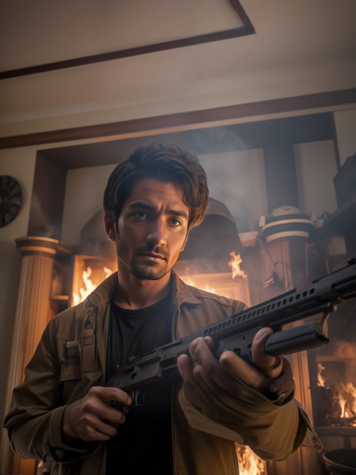 A man holding gun , full realistic photo, burning room