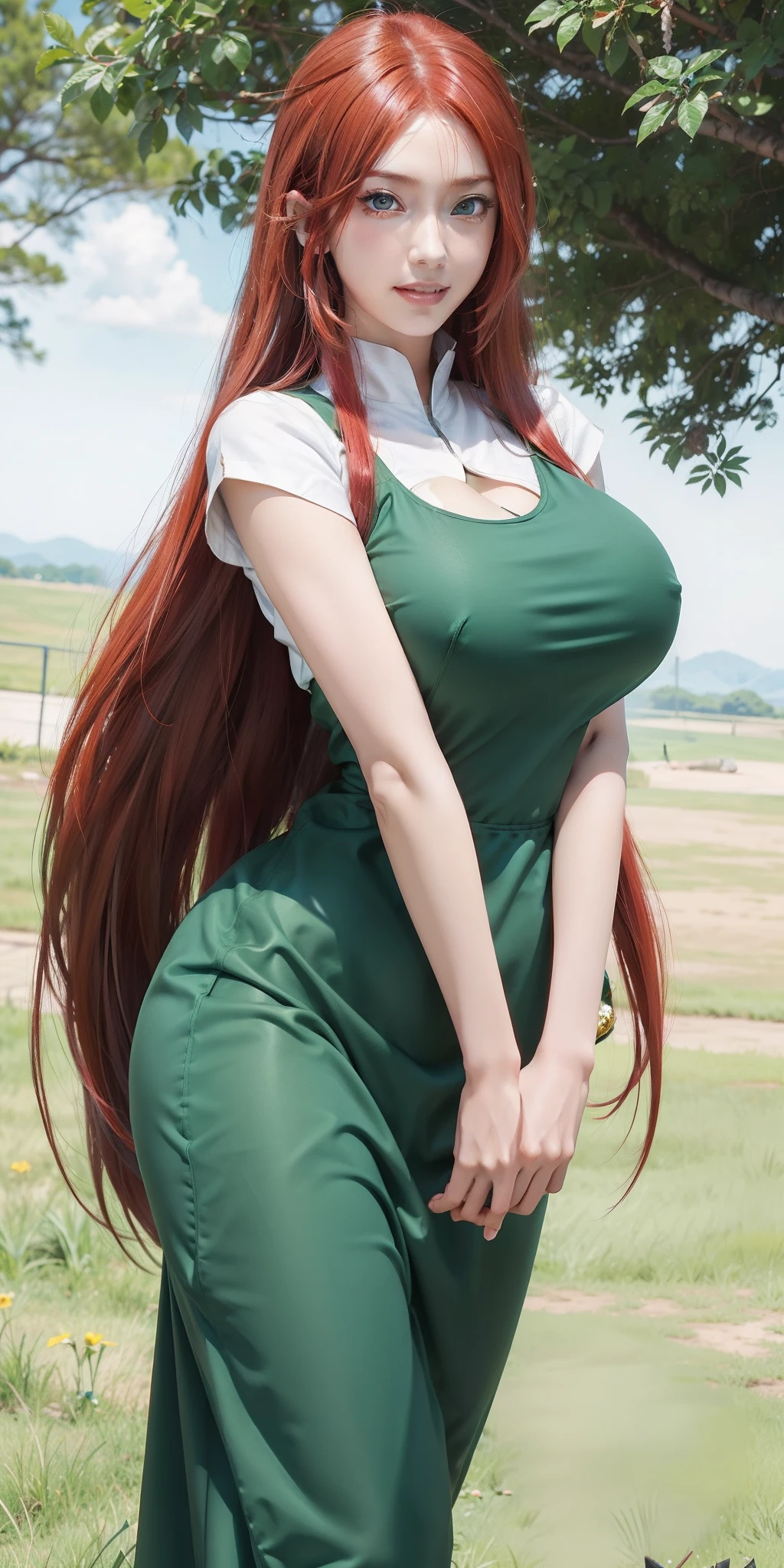 1girl, uzumaki kushina in anime naruto, long hair, red hair, blue eyes, smile, beautiful, sexy dress, sexy clothes, green clothes, very big breast, realistic clothes, detail clothes, outdoor background, ultra detail, realistic