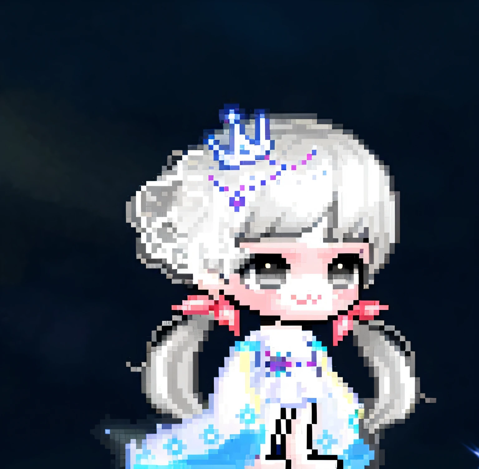 There is a pixel image of a girl in a dress, White dress!! of silver hair, white-haired god, style of maple story, sparkling magical girl, wearing tiara, white haired Cangcang, wears a light grey crown, (((mad))) Elf Princess, glowing magical shiny skin, ((a beautiful fantasy empress)), floating crown, , winter princess