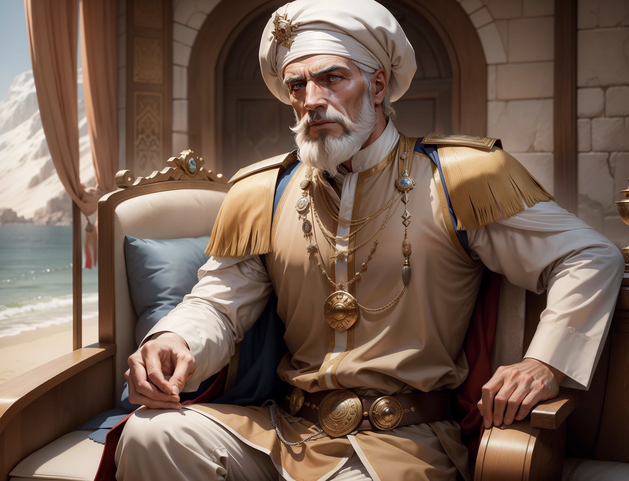 Piri Reis, big white turban, Turkish, navigator, chief general commander, age of 40, wrinkle, man, male, old, smooth face, white hair, white beard, thin, very energetic, very ambitious, the greatest of all the times, hero, Turkish face and limbs, delicate, expertise in navigation, very calm face and emotion, confident, strategy expert, luxurious clothes and accessories, conservative, calm,15th century, realistic, expensive and dedicate and sophisticate clothes, renaissance, age of exploration