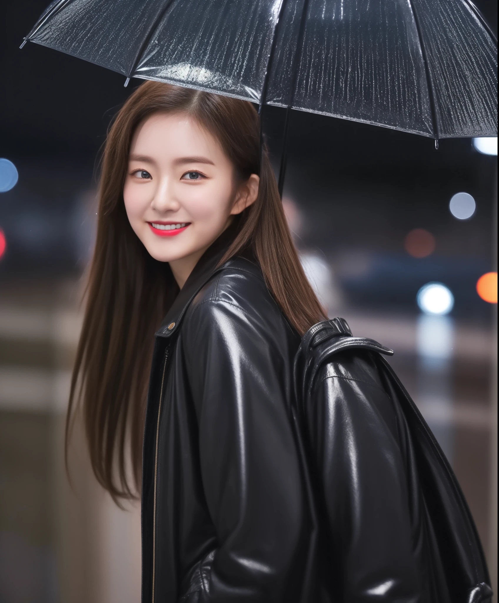 (top-quality、8K、32K、​masterpiece、nffsw:1.2)、Photo of a cute Japanese woman、One lady、Slender figure、Brown hair color、Longhaire、FULL BODYSHOT、sface focus、dual、Smirking expression、A slight smil、a necklace、simple background、Khaki half coat、Leather diagonal bag、boots、Looking Back Pose、poneyTail、Dark blue umbrella、Rainy night、neon reflections、Taxi stop gesture、Meek look、Holding an umbrella with your left hand、