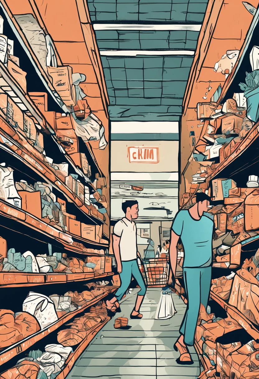 Screen description:The supermarket is crowded,The items on the shelves were swept away。A man in a white T-shirt holds a shopping basket,Running from shelf to shelf,Trying to find more items。His eyes were firm,The face was full of anxiety and determination。People around are frantically grabbing shopping,Some people carry large bags of salt,Some people had bottled water in their hands,Others are frantically hoarding foods such as rice and flour。The man desperately filled the shopping basket with noodles,But it turned out that the water had been snapped up。He looked at the frantic crowd around him,Sighed helplessly,The idea of finding water could only be abandoned。