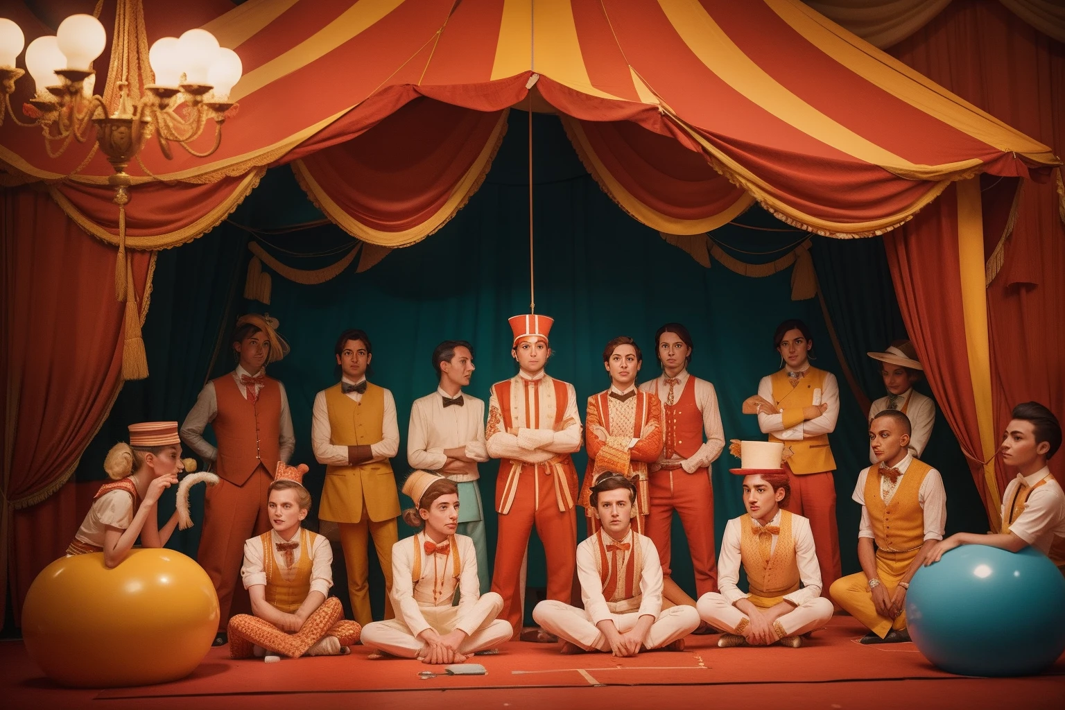 Within a Wes Anderson-style circus tent, a troupe of performers with dazzling, unconventional hairstyles prepare for a gravity-defying act that will leave the audience in awe.