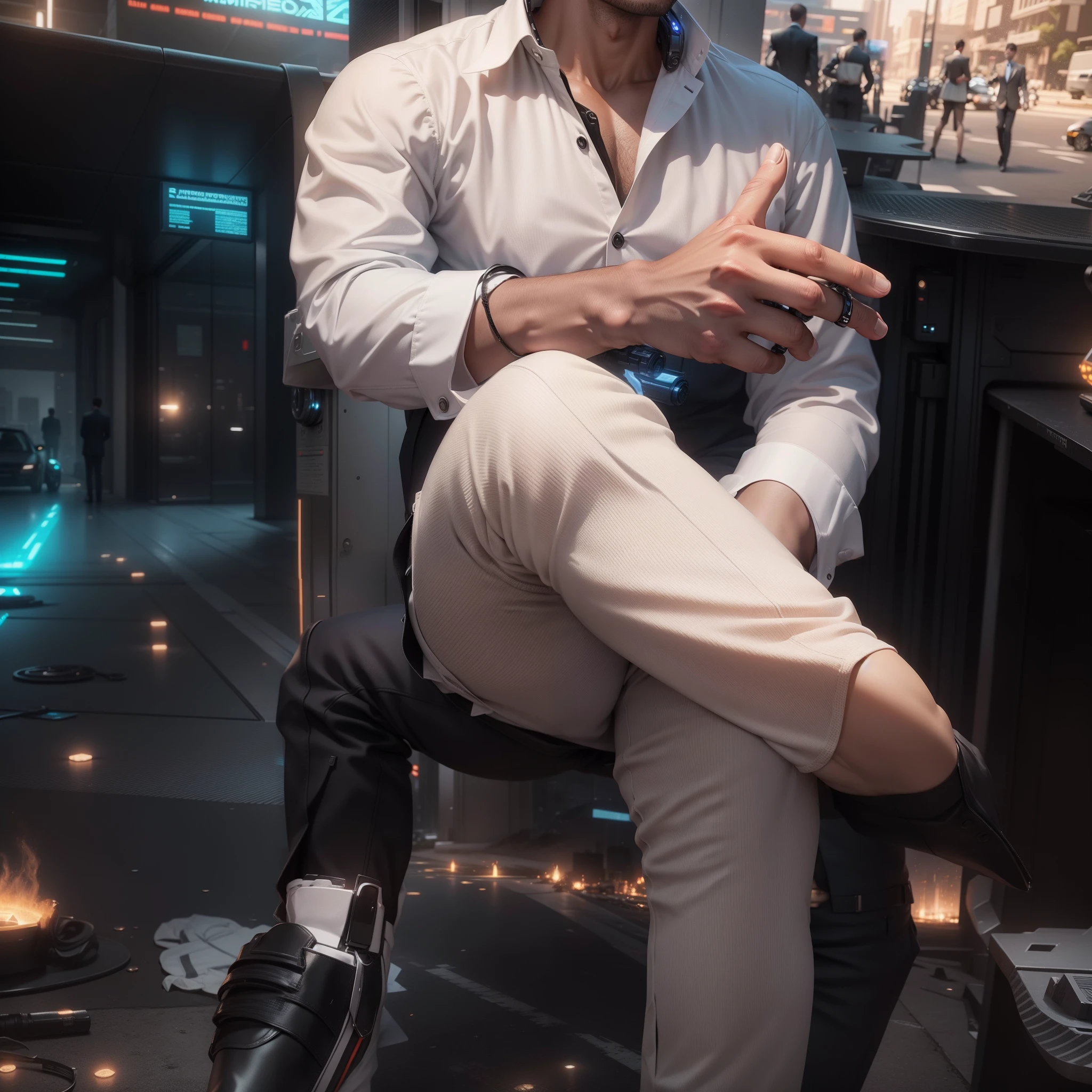 "Transform the background into a futuristic cyberpark setting with a smart and stylish boy dressed as a businessman. Ensure the image is in stunning 8k ultra resolution."