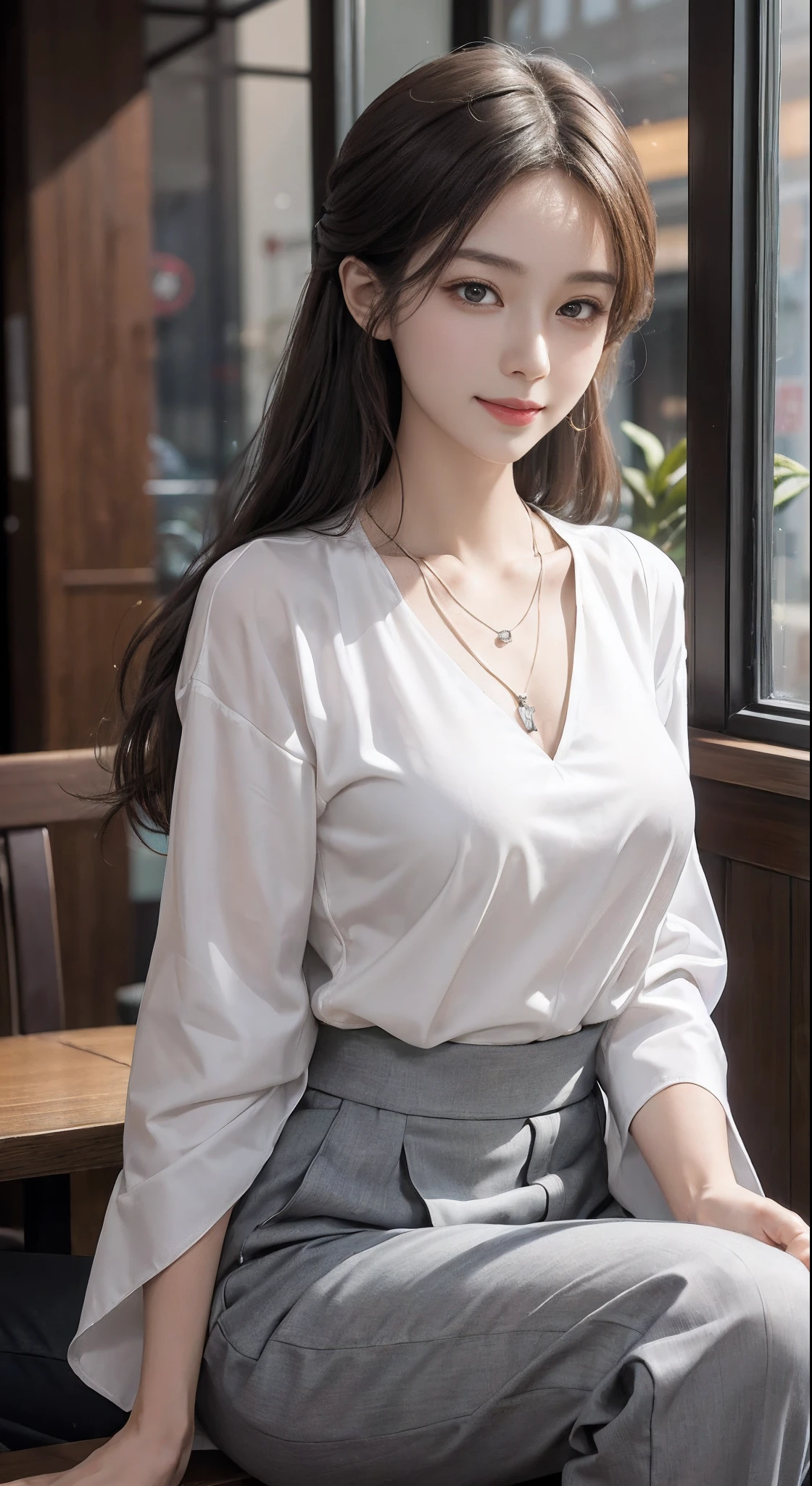 ((Best Quality, 8K, Masterpiece: 1.3)), Sharp Focus: 1.2, A Beautiful Woman with Perfect Figure: 1.4, Slim Abs: 1.2, (Layered Hairstyle,: 1.2)), (Wet White Button Long Shirt: 1.3), Rain: 1.3, Street: 1.2, Wet Body: 1.1, Highly Detailed Face and Skin Texture, Detailed Eyes, Double Eyelids, Big Breasts, Smile,