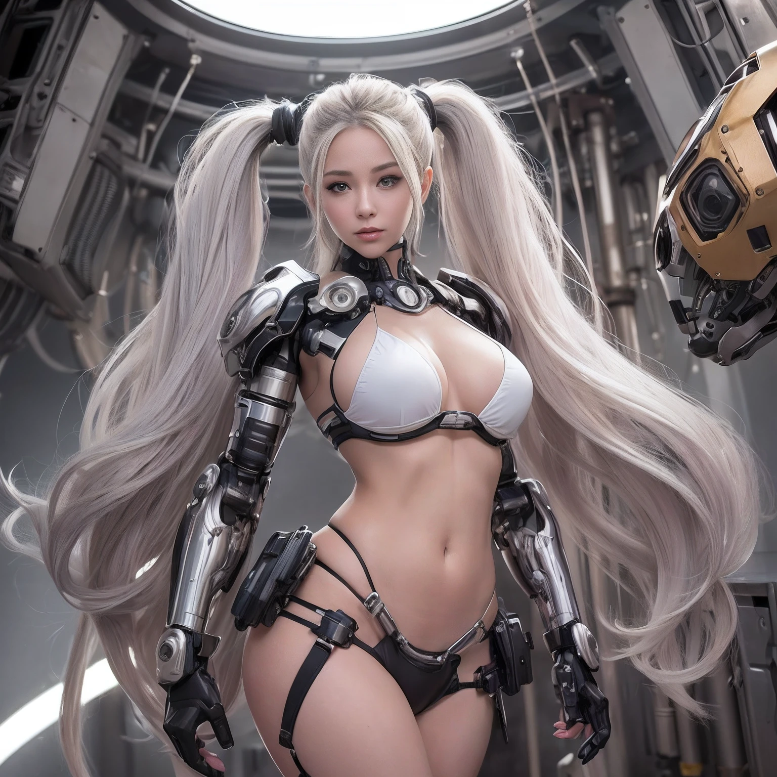 Beautiful Face,face is Japan, 1 Woman, Big, Curvaceous, (16k, RAW photo, top quality, masterpiece: 1.2), (HDR, Realistic, Photorealistic: 1.37) (tube attached to the body), (Bikini Cyborg robot parts)))), (light gray hair), Long hair, Wavy hair, Twin tails, Medium shot, ( Seductive smile)), (black eyes), double eyelids, princess cut, from below, (whole body),posing,,in the lab,( tube connected to blood vessel),((mechanical vertebrae attached to the back)),((mechanical neck attached to the neck)),(wire and cable attached to head and body),(character focus),science fiction,perfect female figure,perfect anatomy, hyperanatomy, full body shot, up to four fingers and one thumb relationship,