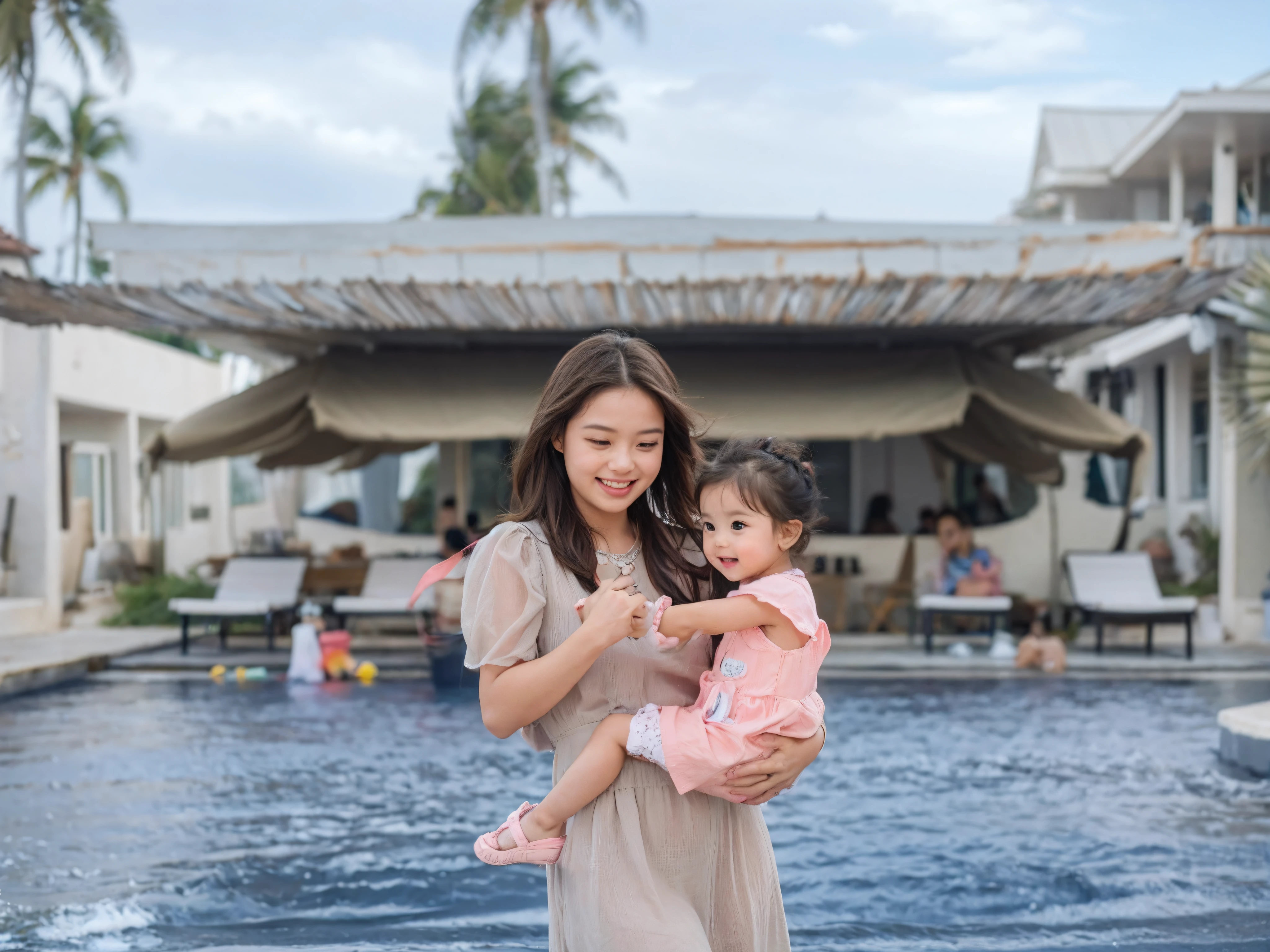 japanes、girl with、、in poolside、School swim wear、smile