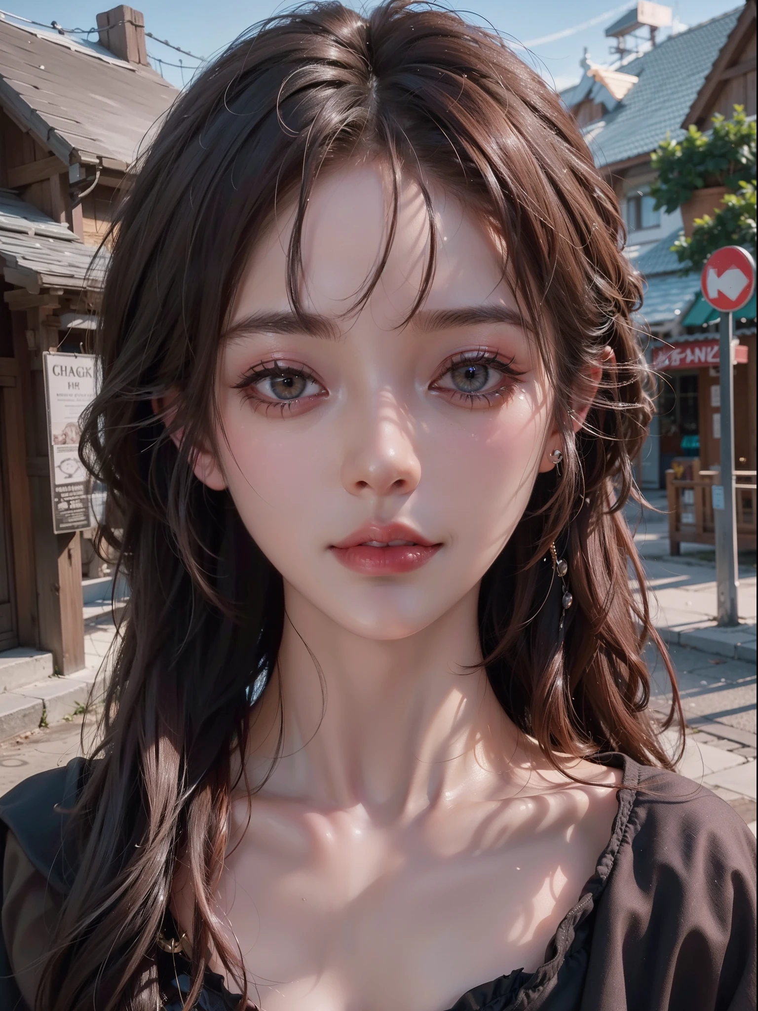 One Girl，(1人のとてもcute女の子:1.3)，masterpiece，Highest quality，High resolution，Photorealistic，RAW Photos，Ray Tracing，beautiful girl，(15 years old:1.3)，cute，Big eyes，(detailed pupils:1.2)，(The face is facing straight ahead:1.3)，Body facing forward，Beautiful nose，Fuller lips，Short black hair，ponytail，short hair，Detailed eyelashes，Thin eyebrows，Very fine grain definition，(Symmetrical eyes:1.3)，(Face close-up，Face Focus:1.0)，Small breasts，White and navy blue sailor suit，uniform，grassland，Blue sky and white clouds，Portrait，View Viewer，From below，Cinema Lighting，High resolution，Very detailed