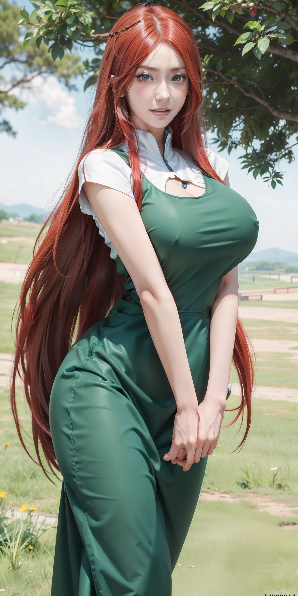 1girl, uzumaki kushina in anime naruto, long hair, red hair, blue eyes, smile, beautiful, sexy dress, sexy clothes, green clothes, very big breast, realistic clothes, detail clothes, outdoor background, ultra detail, realistic
